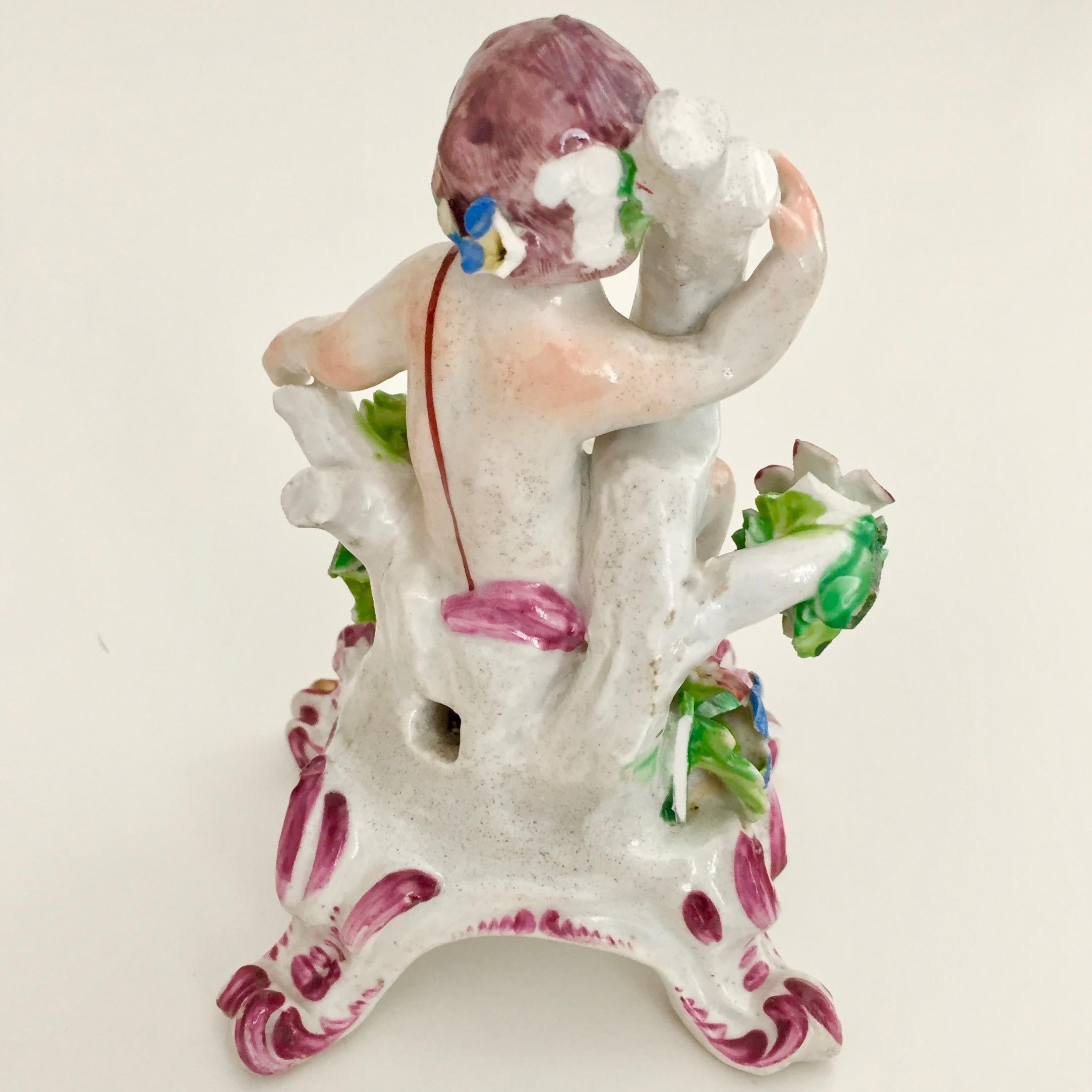 Rococo Bow Porcelain Figure of Boy or Putto on C-Scroll Base, Georgian circa 1760 For Sale