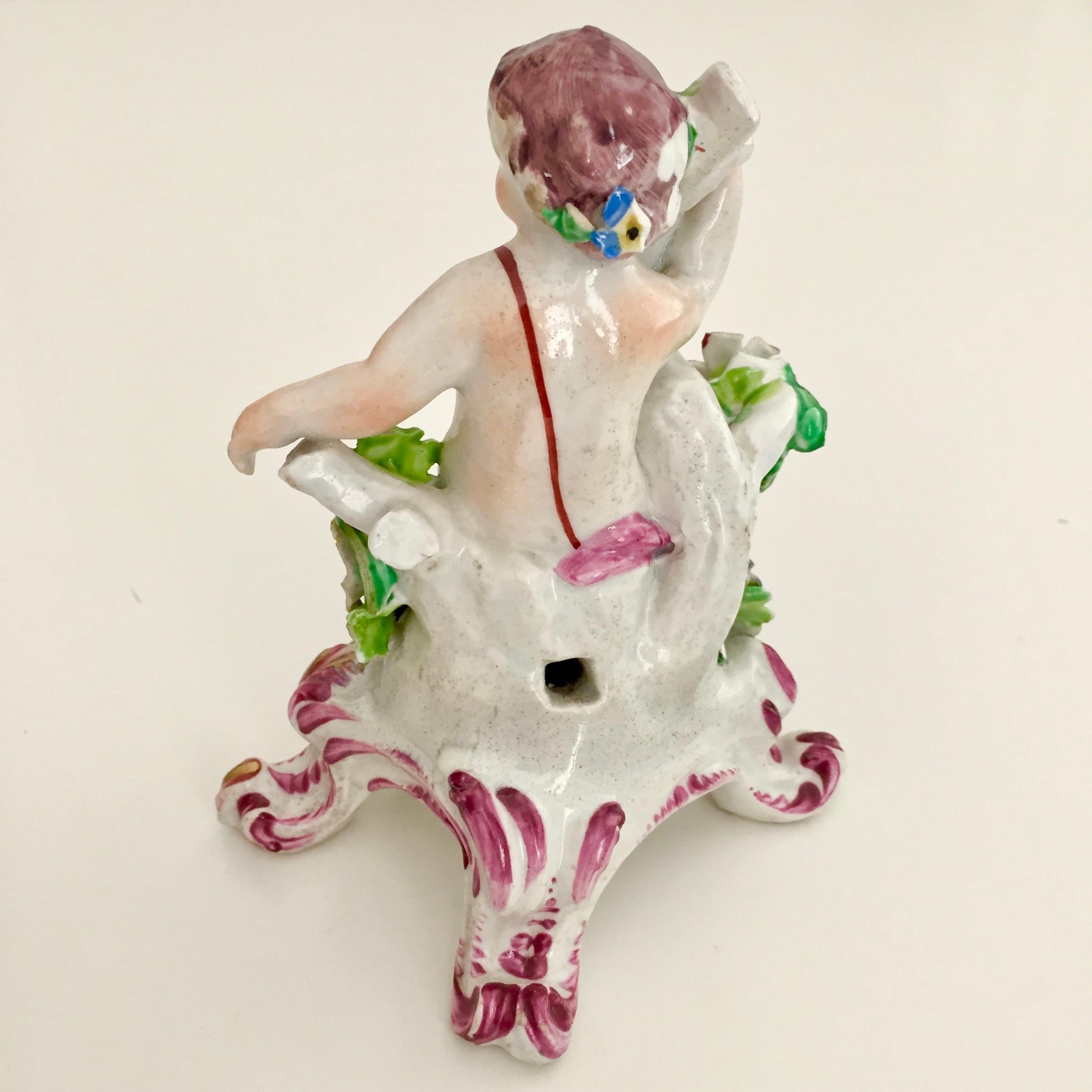 English Bow Porcelain Figure of Boy or Putto on C-Scroll Base, Georgian circa 1760 For Sale