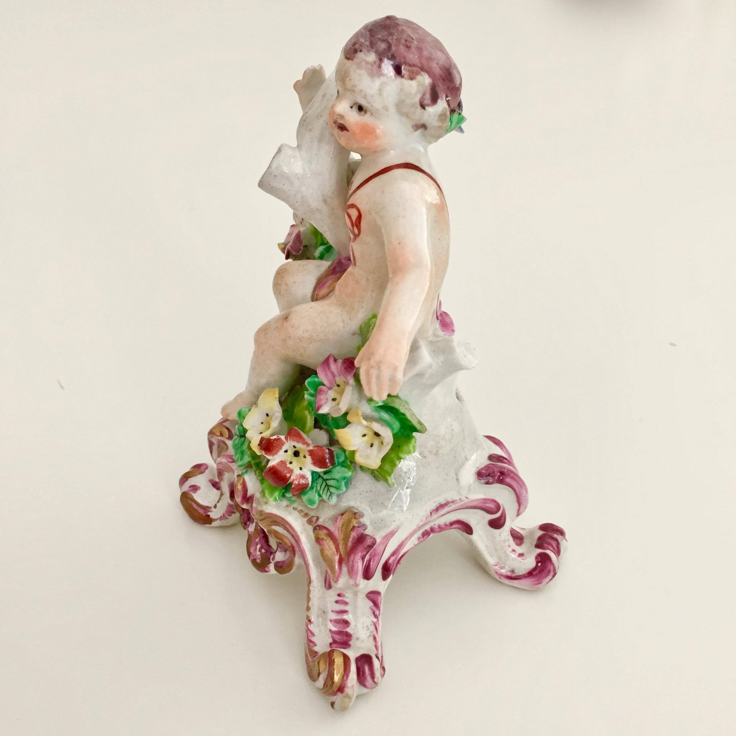 Hand-Painted Bow Porcelain Figure of Boy or Putto on C-Scroll Base, Georgian circa 1760 For Sale