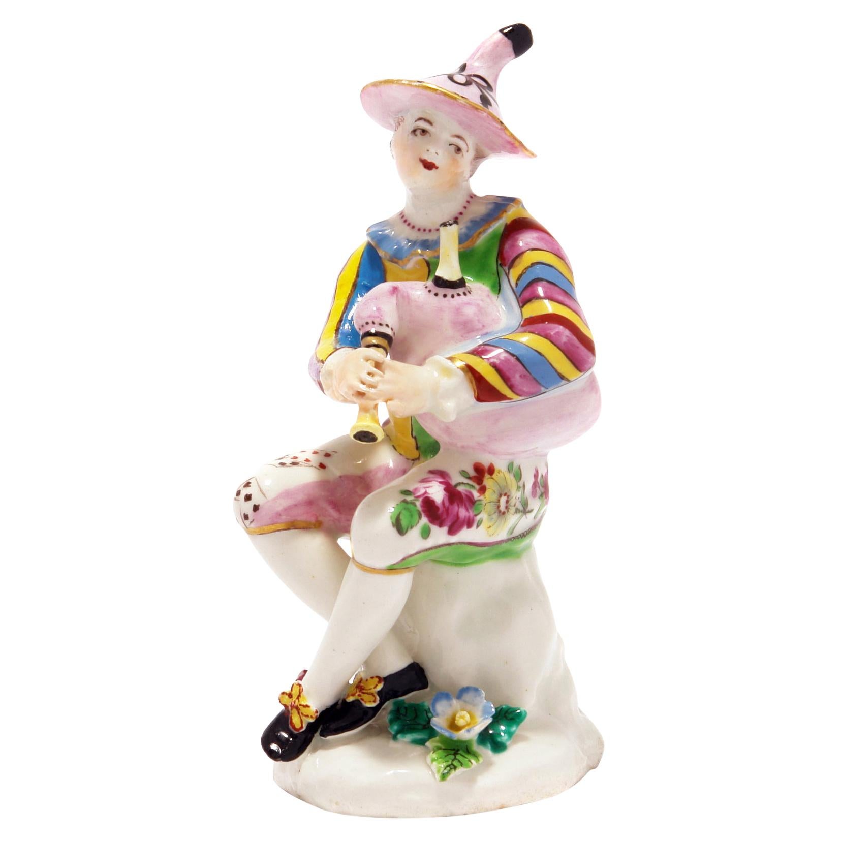 Bow Figure of Harlequin Playing Bagpipes, circa 1765 For Sale