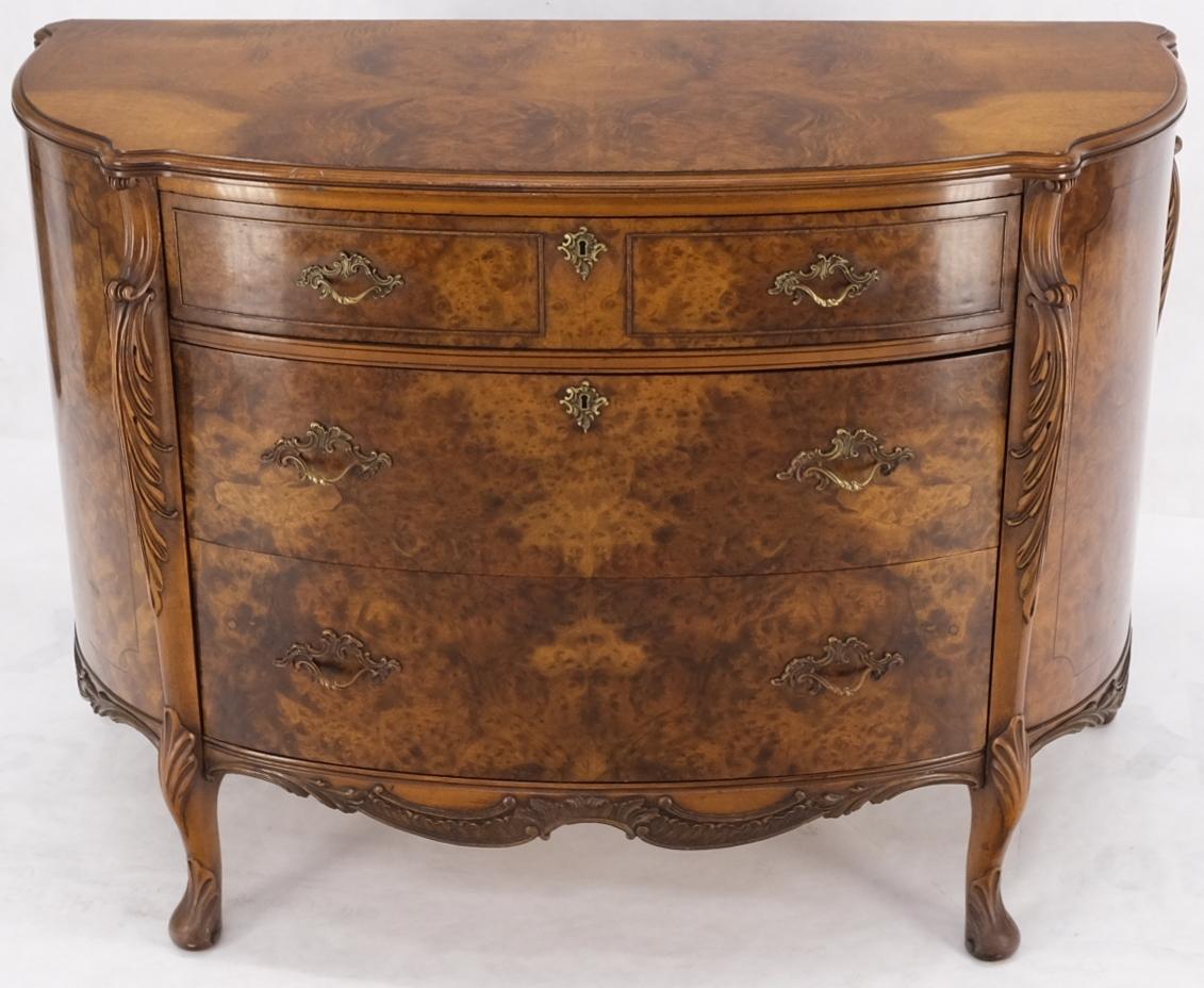 Bow Front Burl Wood 3 Drawer Carved Bombay Chest of Drawers Dresser Commode 5