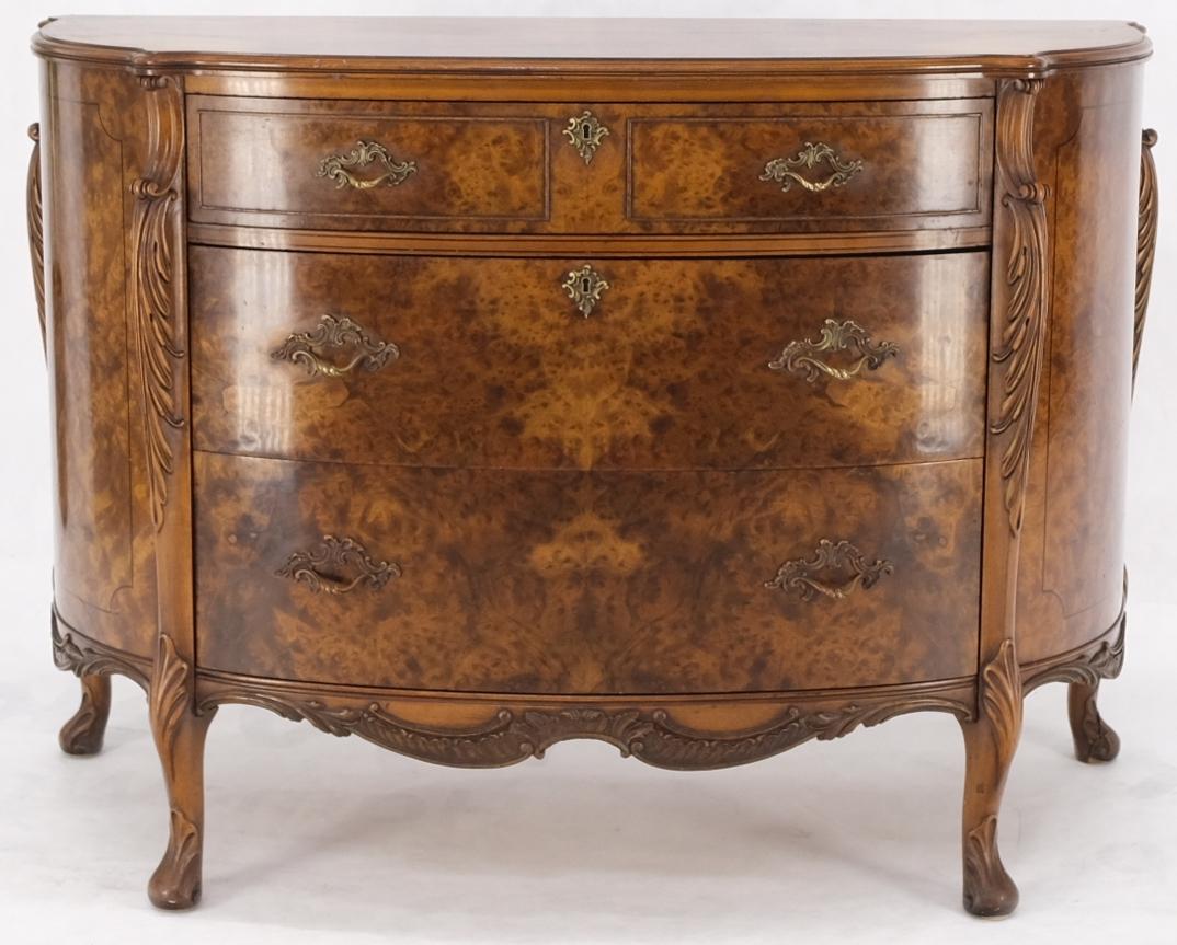 Bow Front Burl Wood 3 Drawer Carved Bombay Chest of Drawers Dresser Commode 11