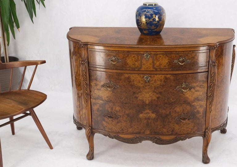 Bow Front Burl Wood 3 Drawer Carved Bombay Chest of Drawers Dresser