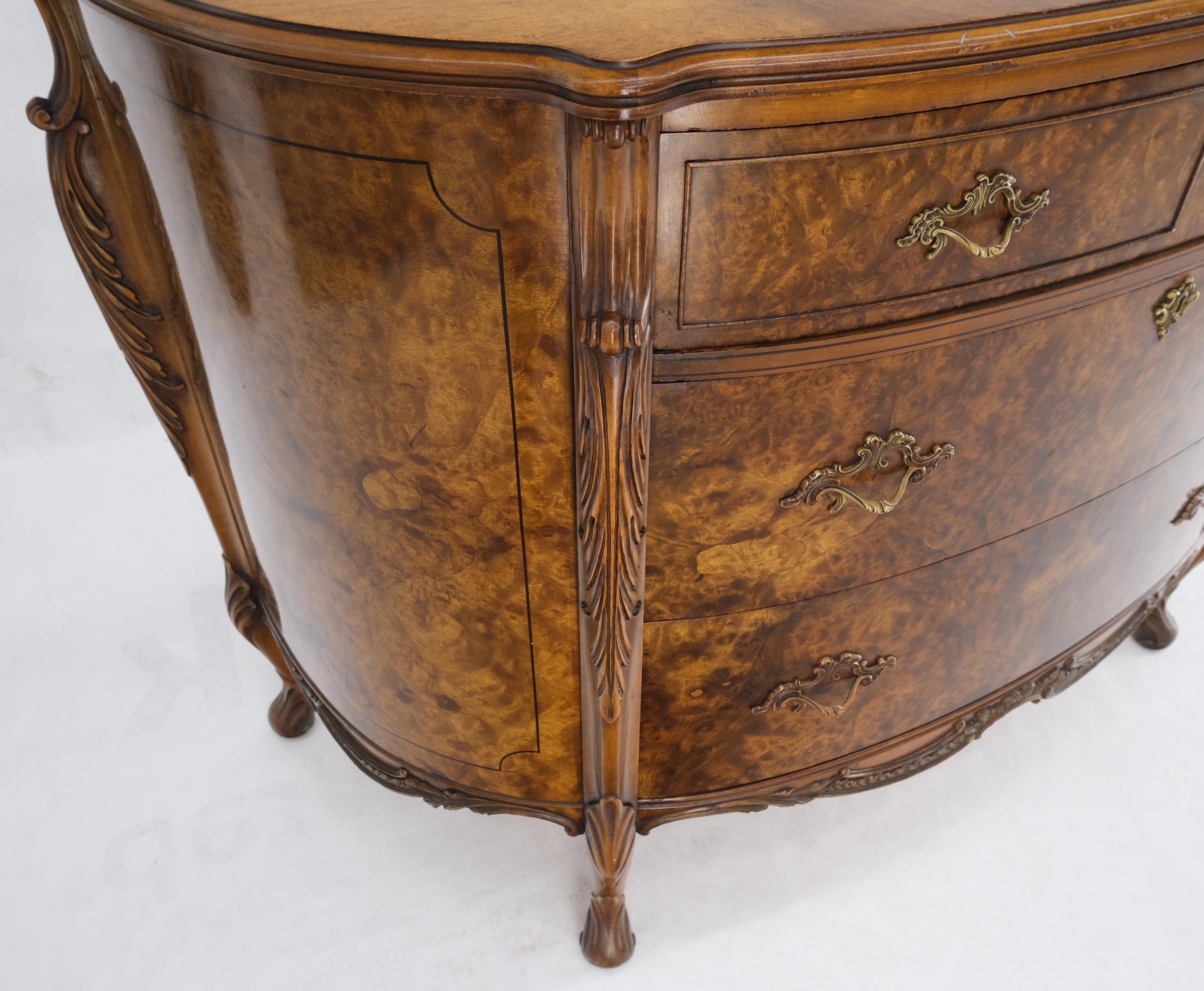 Bow Front Burl Wood 3 Drawer Carved Bombay Chest of Drawers Dresser Commode In Good Condition In Rockaway, NJ