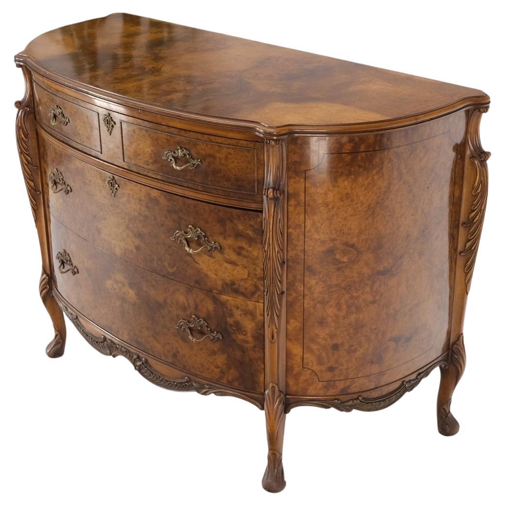 Bow Front Burl Wood 3 Drawer Carved Bombay Chest of Drawers Dresser Commode