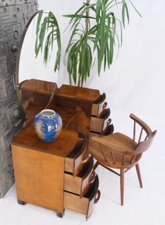 Bow Front Burl Wood Large Round Mirror Mid Century 6 Drawers Vanity Mint!