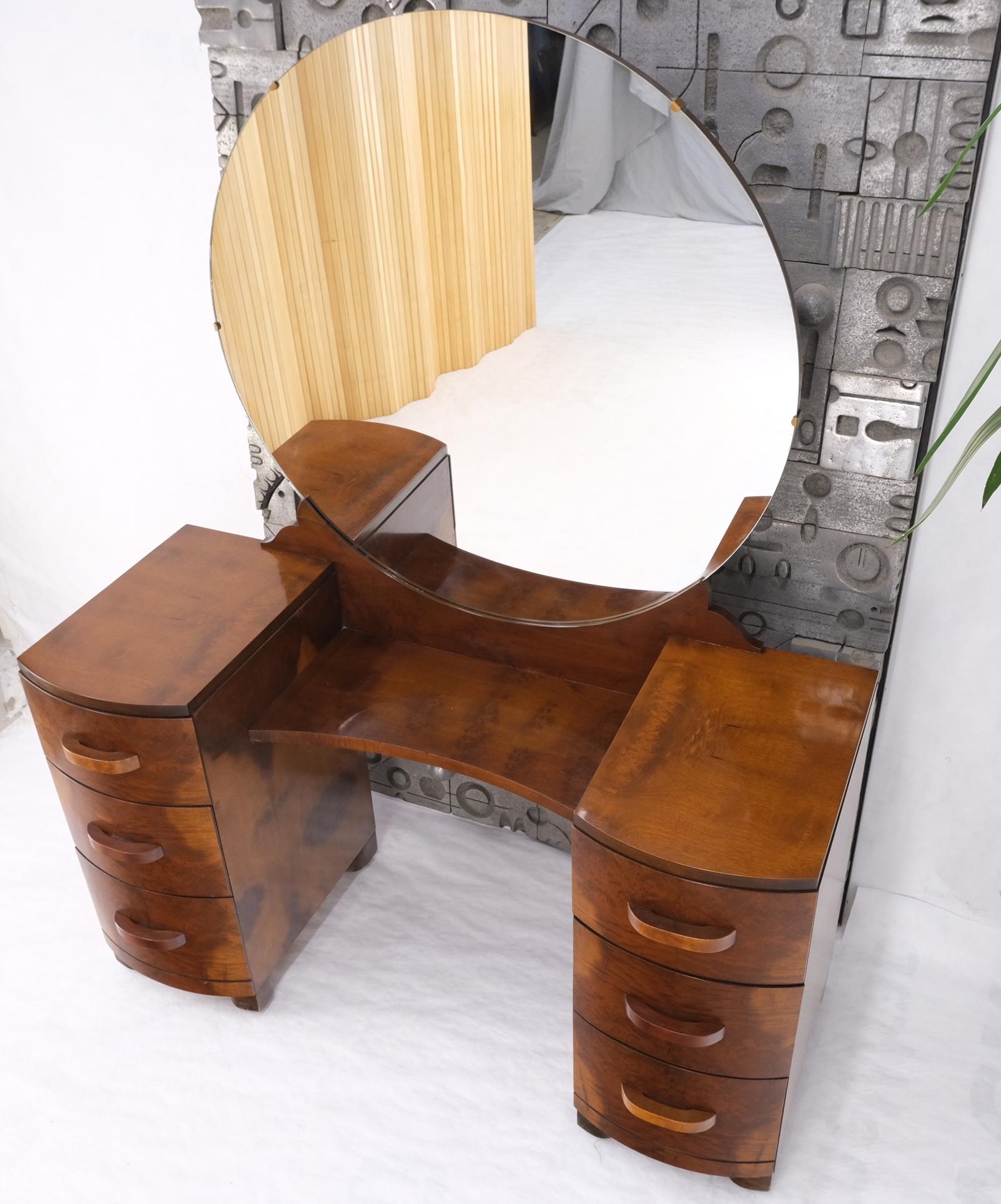 Bow Front Burl Wood Large Round Mirror Mid Century 6 Drawers Vanity Mint! 10