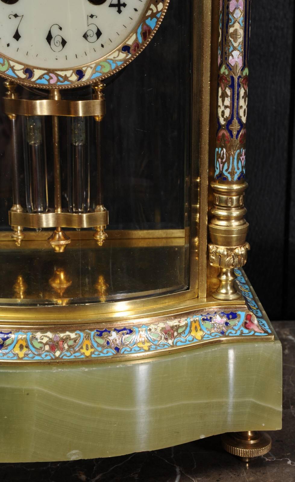 Bow Front Champlevé Enamel, Ormolu and Onyx Four Glass Library Regulator 5