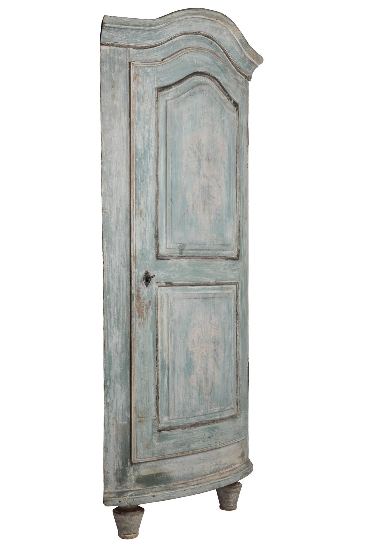 Bow-fronted corner cupboard from North Eastern France in original paint retaining a hint of the early panel decoration, circa 1780.