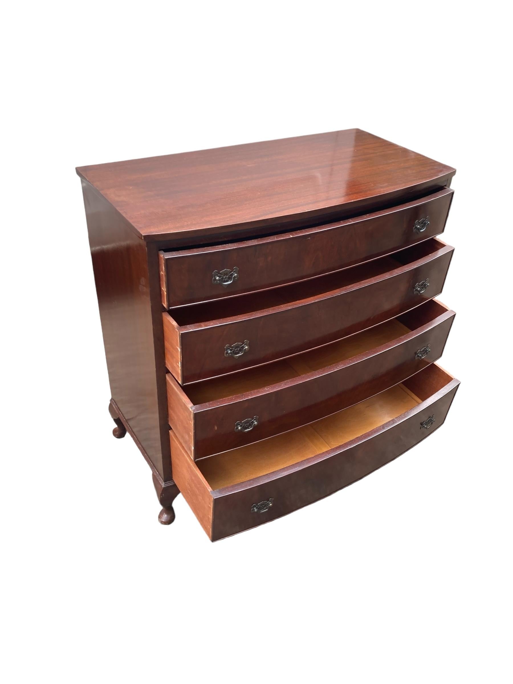 European Bow fronted Mahogany Chest of 4 graduated drawers