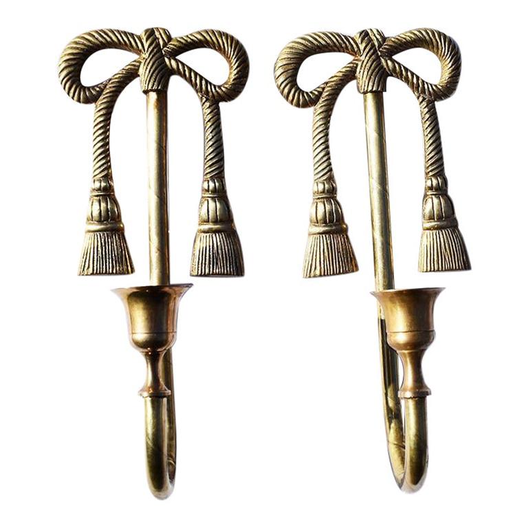 American Bow Gold Brass Trompe L' oeil Ribbon and Tassel Girandole Candle Sconces, a Pair