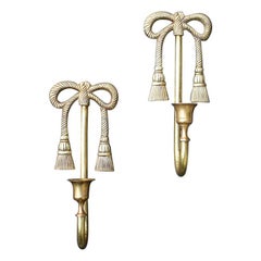 Bow Gold Brass Trompe L' oeil Ribbon and Tassel Girandole Candle Sconces, a Pair