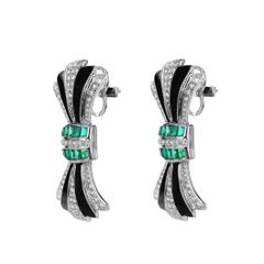 Bow Art Deco Style Vivid Green Emerald Black Onyx White Diamond Earring