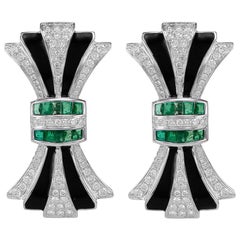 Bow Art Deco Style Vivid Green Emerald Black Onyx White Diamond Earring