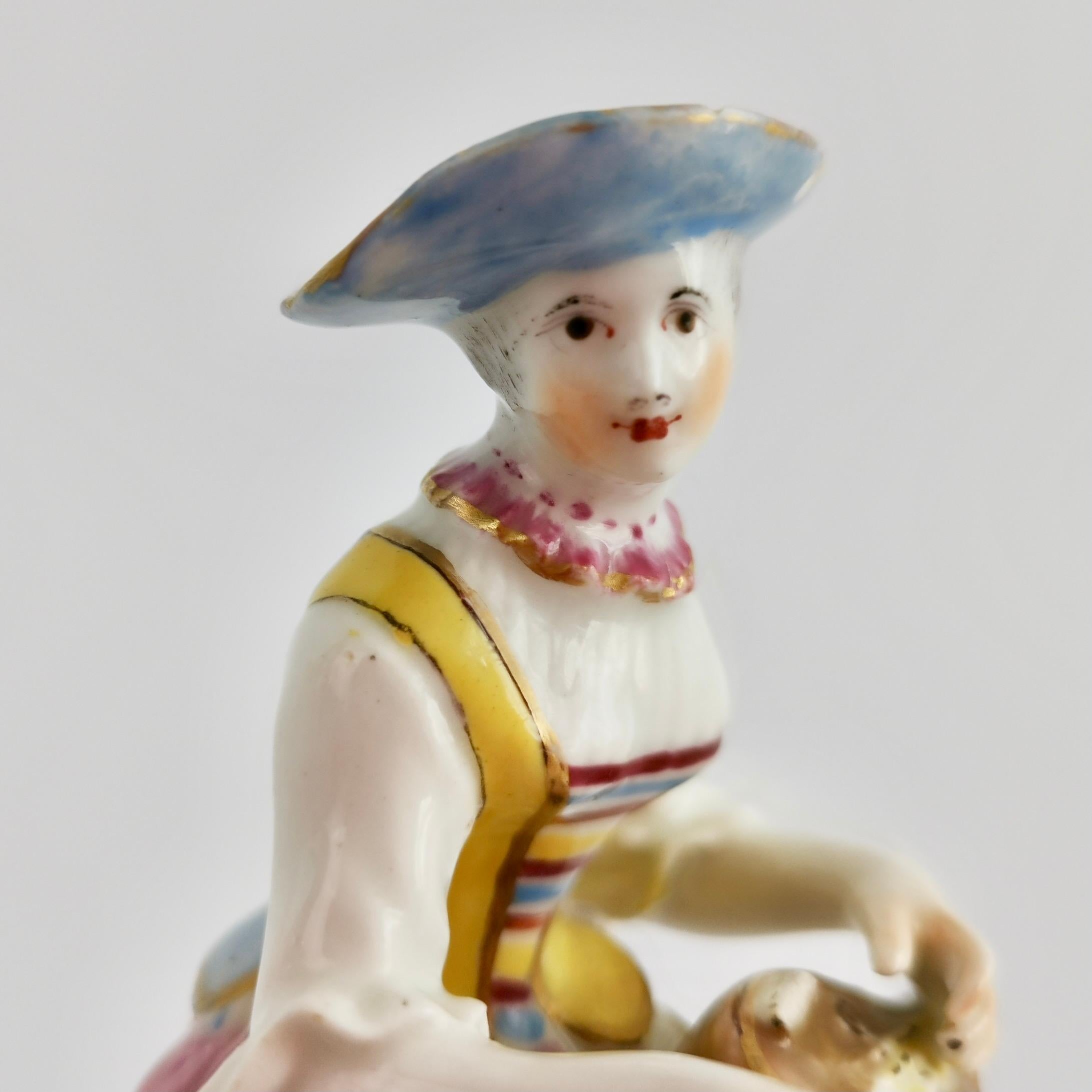 English Bow Pair of Porcelain Figures, Arlecchino and Columbina, Rococo ca 1758 For Sale