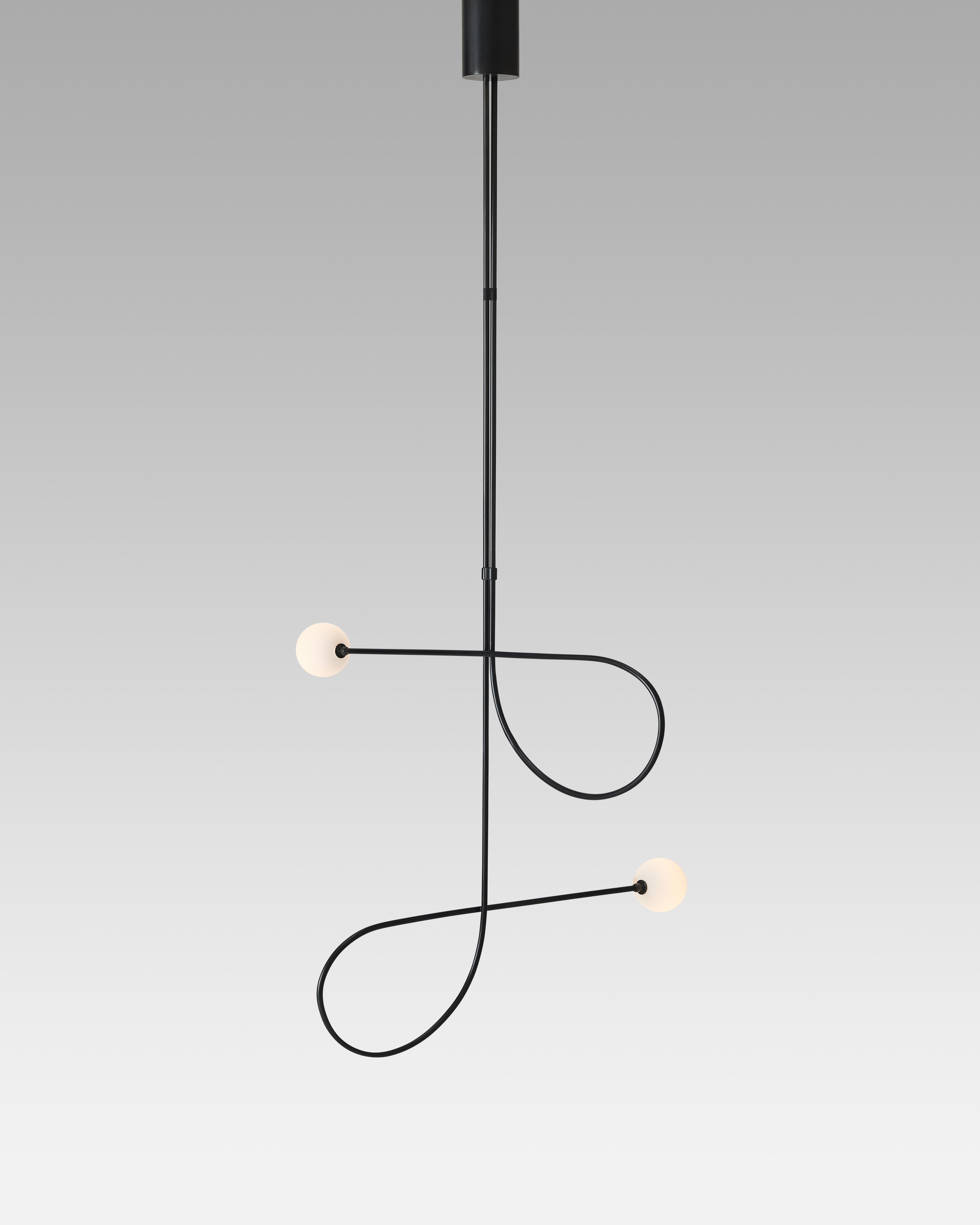 Minimalist Bow Pendant Light in Blackened Steel and Hand Blown Glass by Estudio Persona For Sale