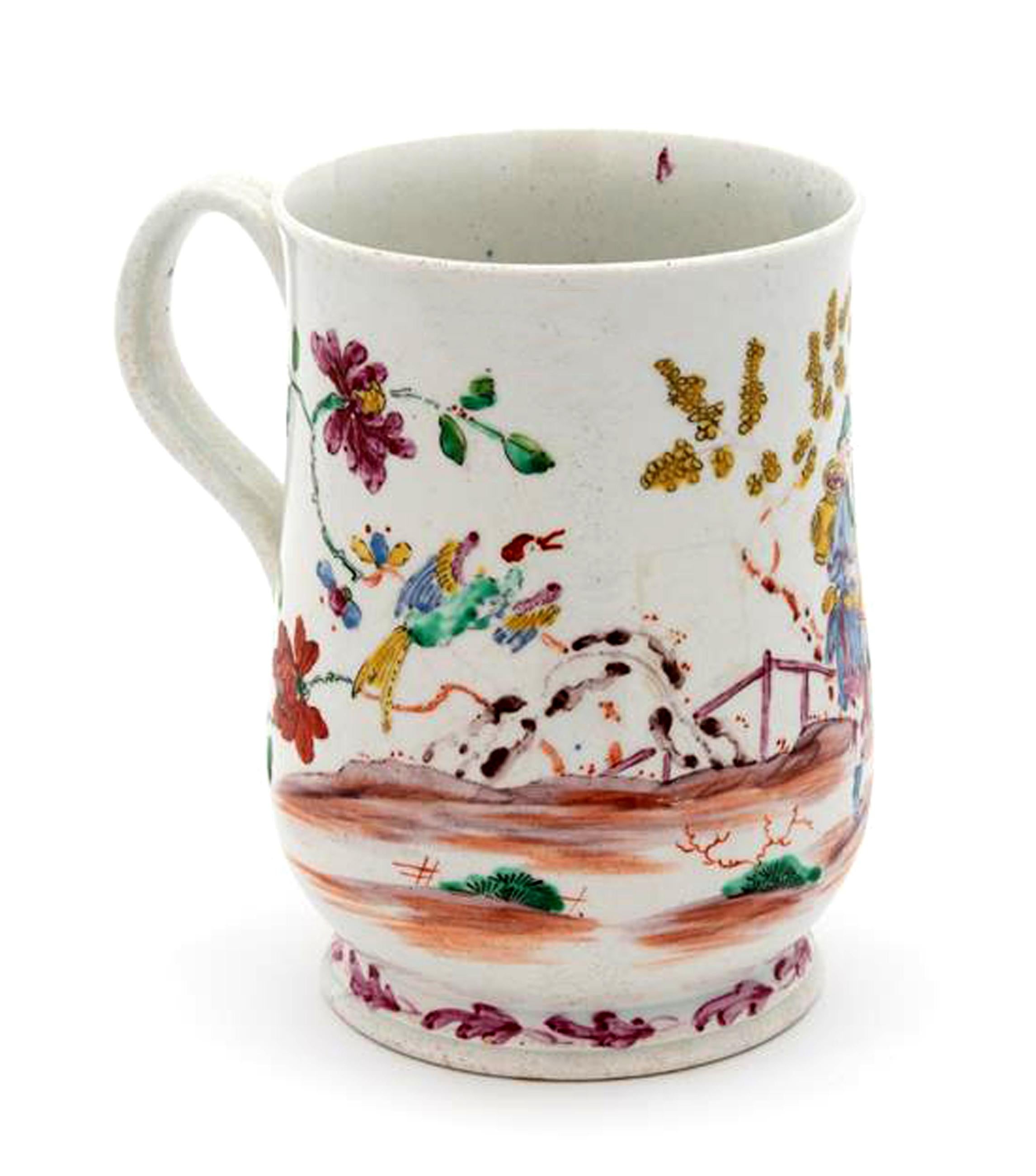 Georgien Tankard en porcelaine chinoiseries avec nœud, Bow, Londres, 1760-1765 en vente