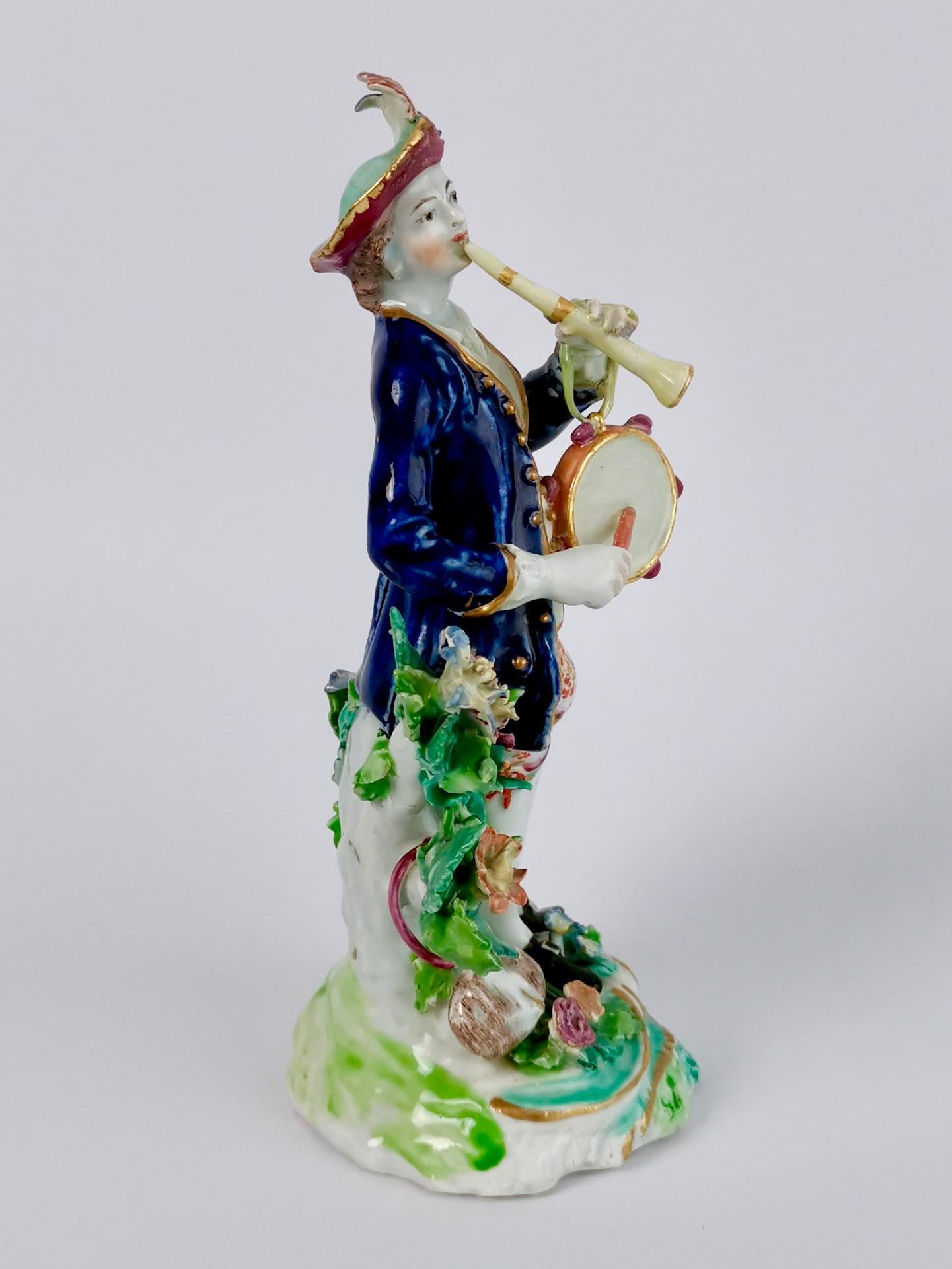 Hand-Painted Bow Porcelain Figure, Musician with Flageolet and Tabor, circa 1760