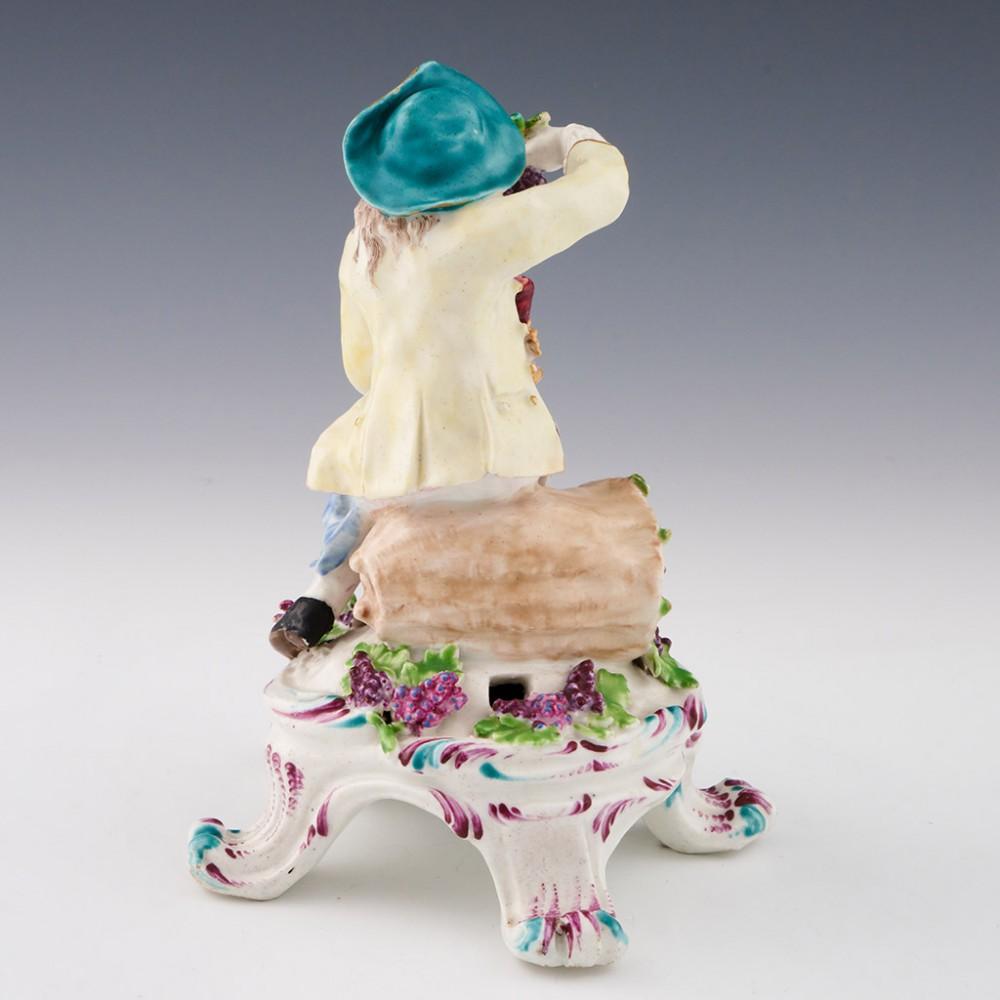 English Bow Porcelain Figure - Seated Rustic Seasons - the Autumn Vendangeur, c1765 For Sale