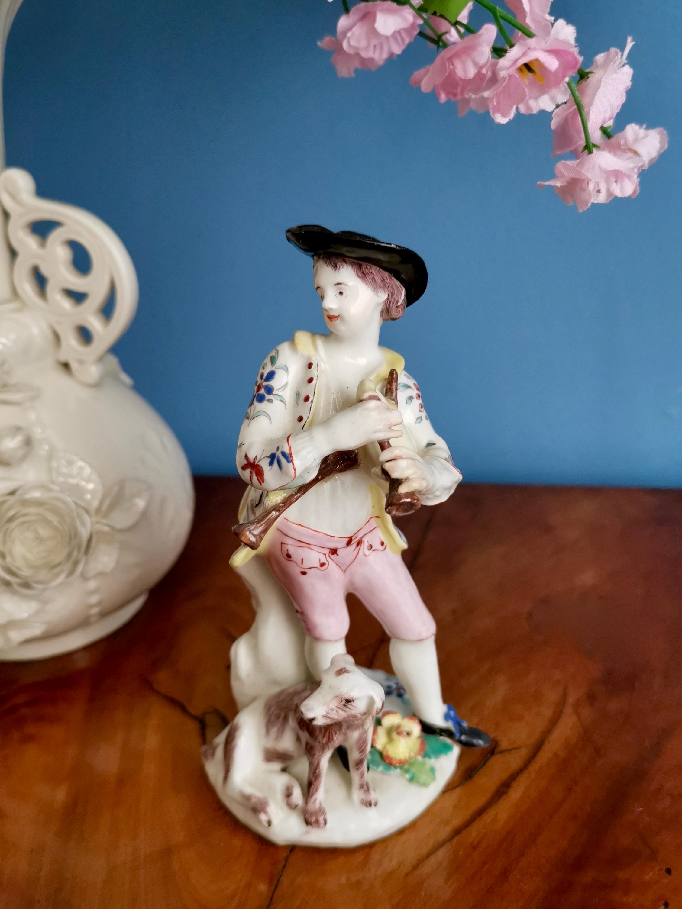 This is a wonderful figure of a shepherd boy piper made by the Bow Porcelain factory in circa 1755.

The Bow Porcelain Factory was one of the first potteries in Britain to make soft paste porcelain, and most probably the very first to use bone