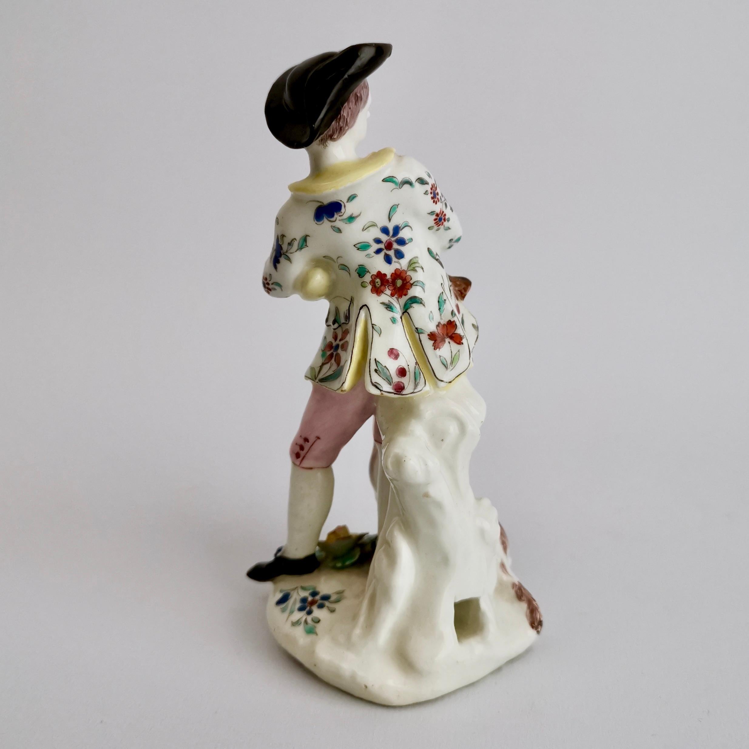 English Bow Porcelain Figure, Shepherd Boy Piper with Dog, circa 1755