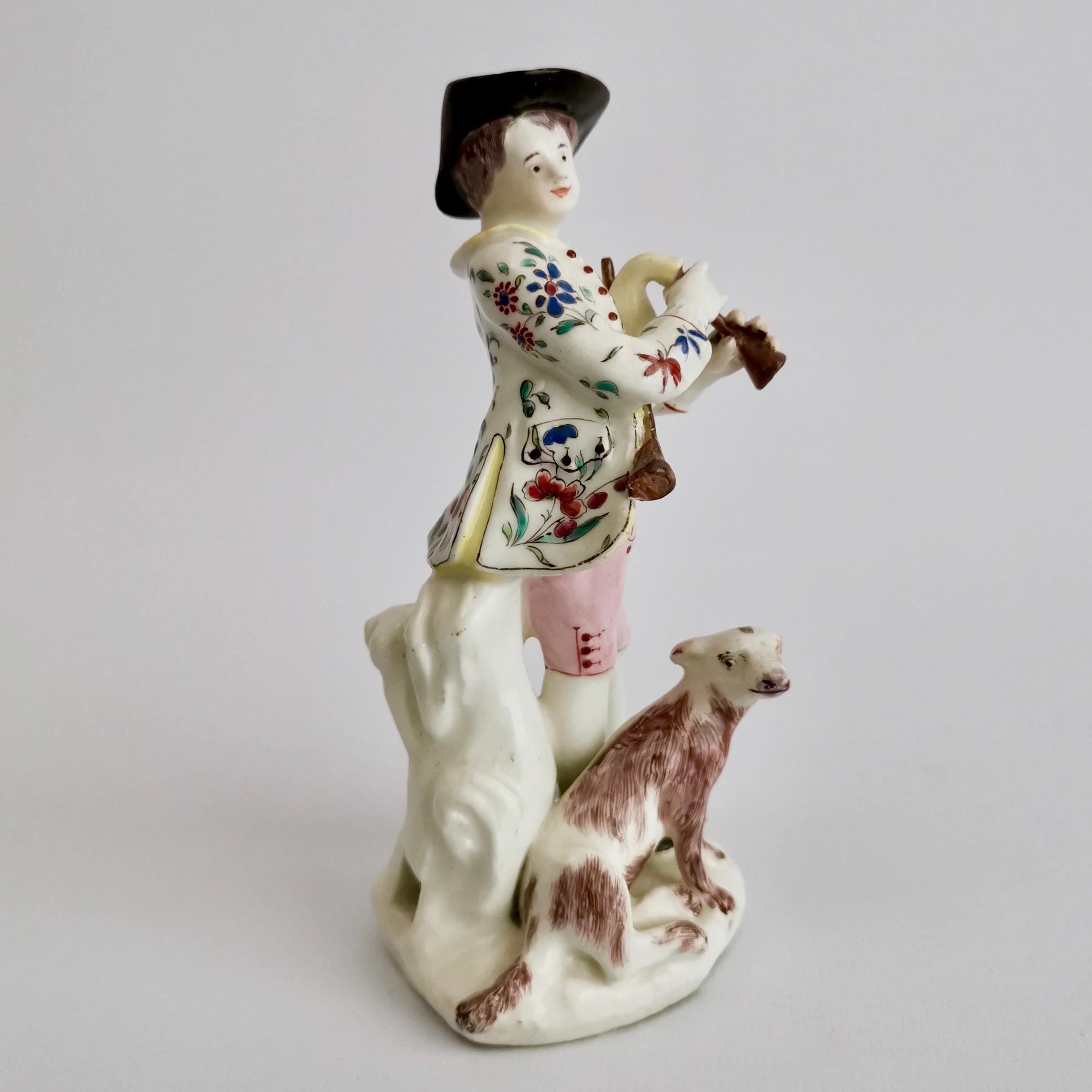 Hand-Painted Bow Porcelain Figure, Shepherd Boy Piper with Dog, circa 1755