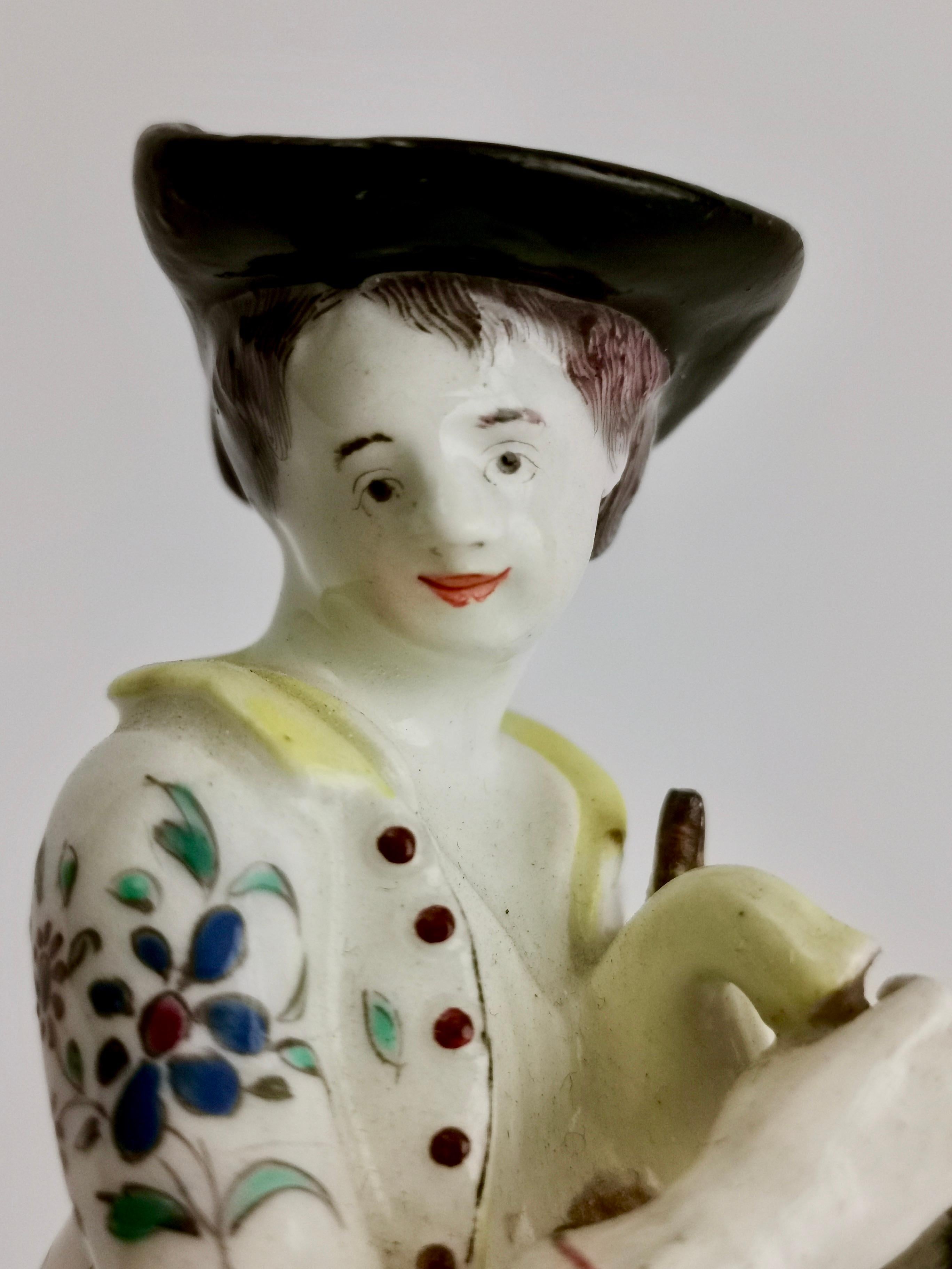 Bow Porcelain Figure, Shepherd Boy Piper with Dog, circa 1755 In Good Condition In London, GB