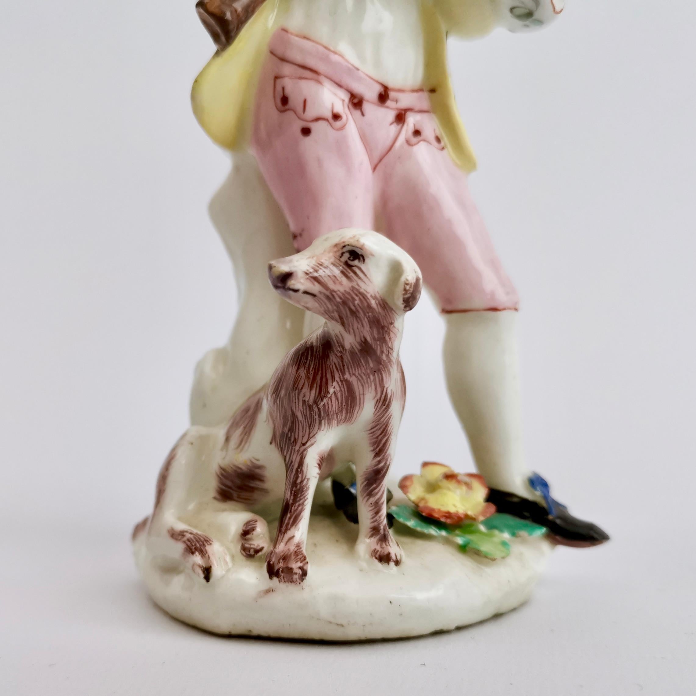 Mid-18th Century Bow Porcelain Figure, Shepherd Boy Piper with Dog, circa 1755