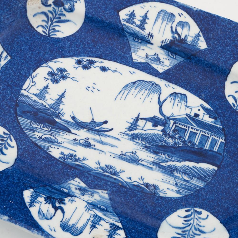 George III Bow Porcelain Ocagonal Fan-Panelled Underglaze Powder Blue Landscape Pattern Dis