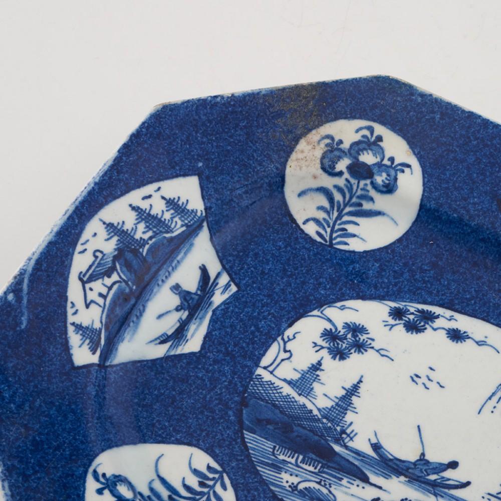 British Bow Porcelain Ocagonal Fan-Panelled Underglaze Powder Blue Landscape Pattern Dis