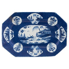 Bow Porcelain Ocagonal Fan-Panelled Underglaze Powder Blue Landscape Pattern Dis