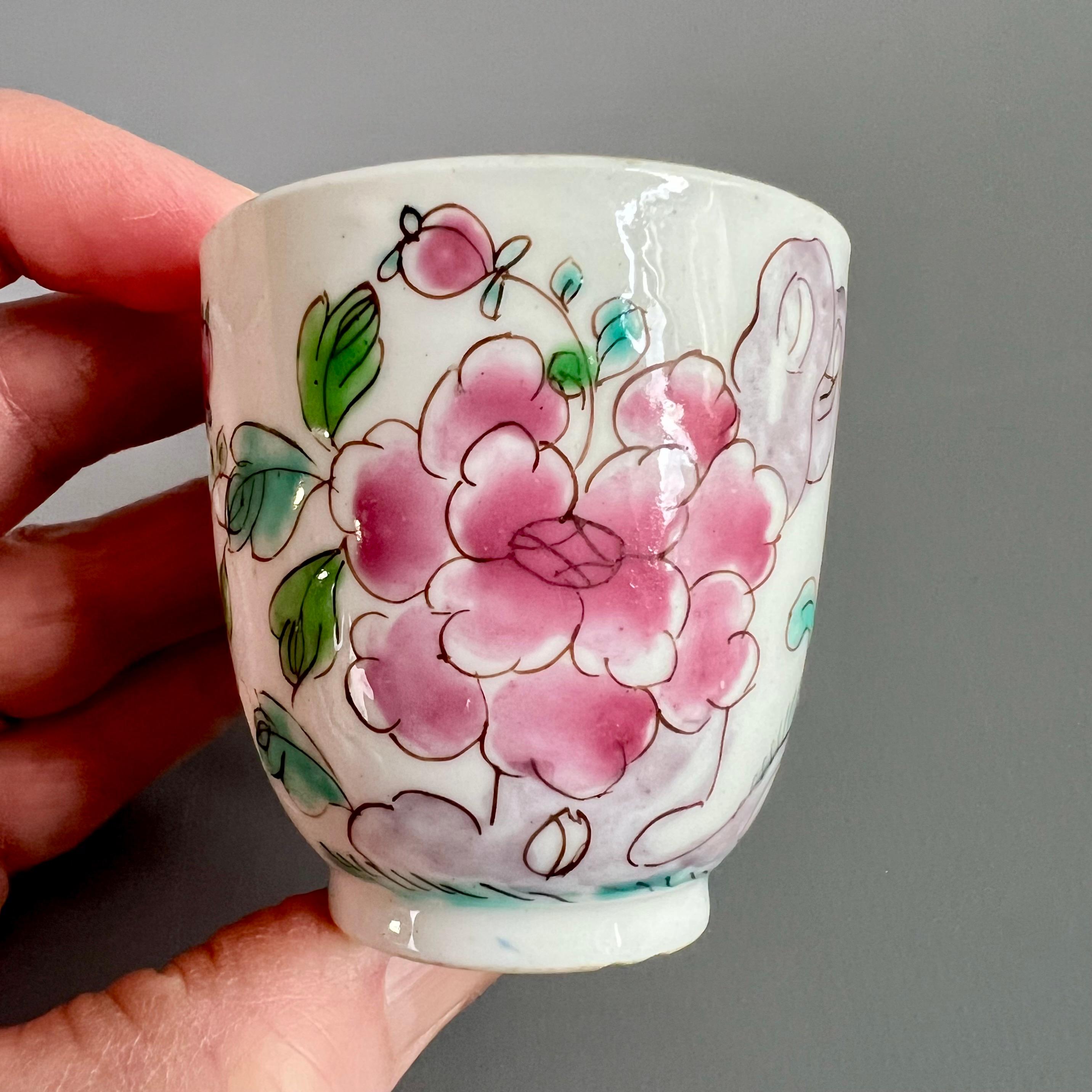 English Bow Porcelain Orphaned Coffee Cup, Famille Rose Peony, circa 1755 For Sale