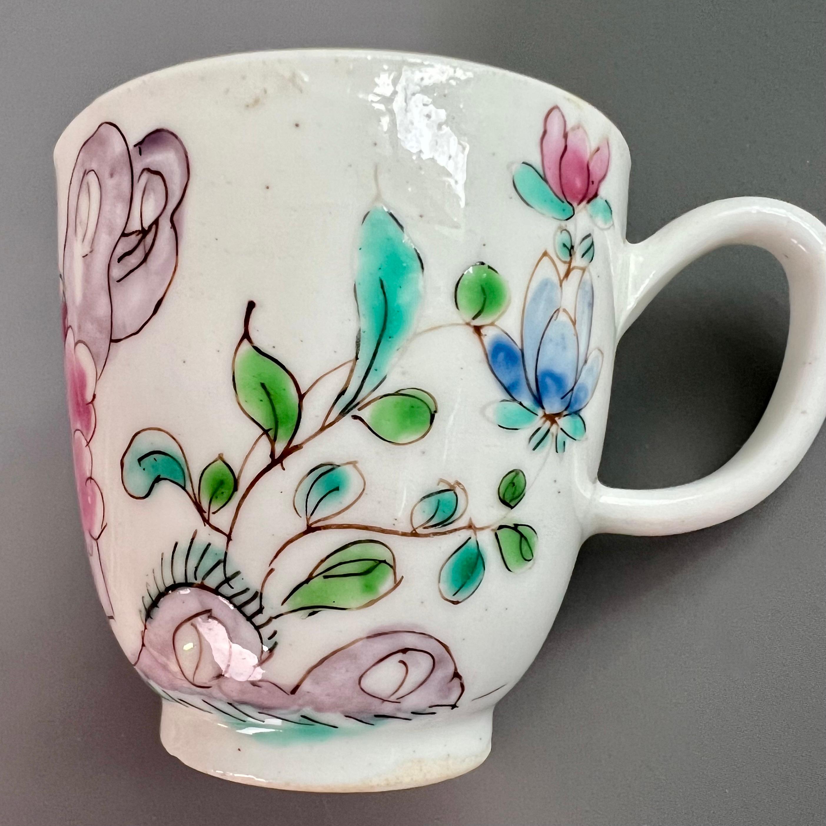 Hand-Painted Bow Porcelain Orphaned Coffee Cup, Famille Rose Peony, circa 1755 For Sale