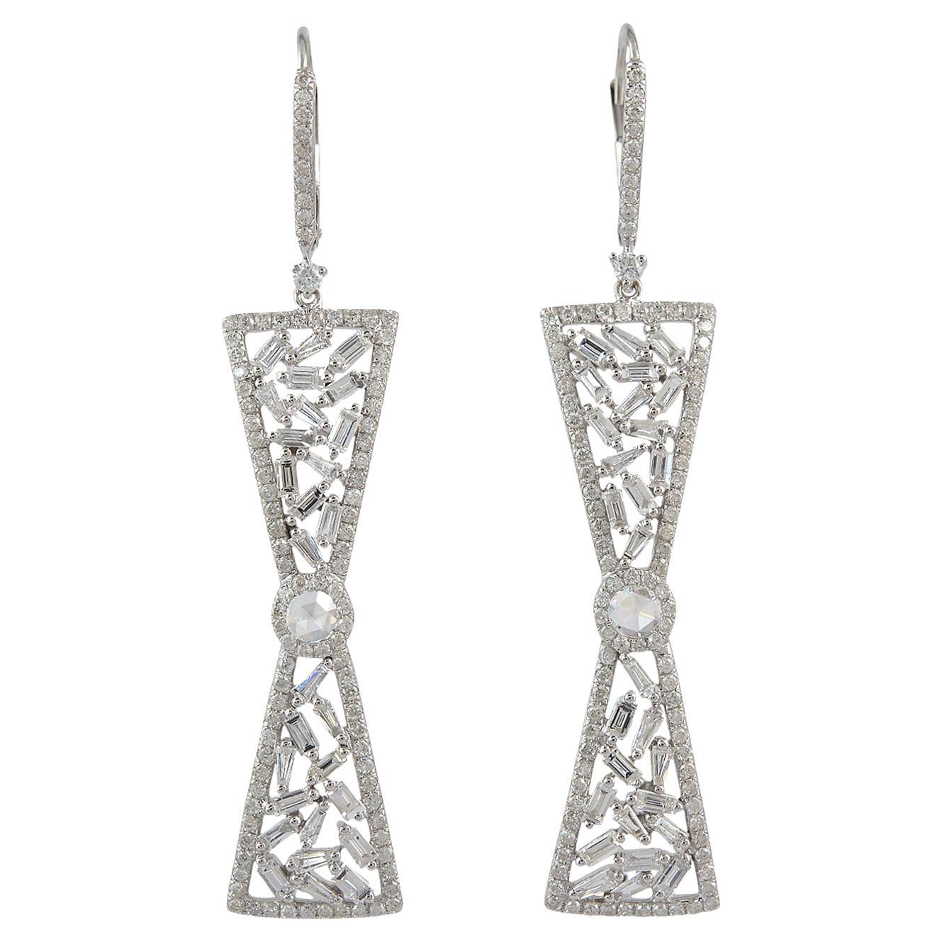 Bow Shaped Dangle Earrings With Diamonds Made In 18k White Gold