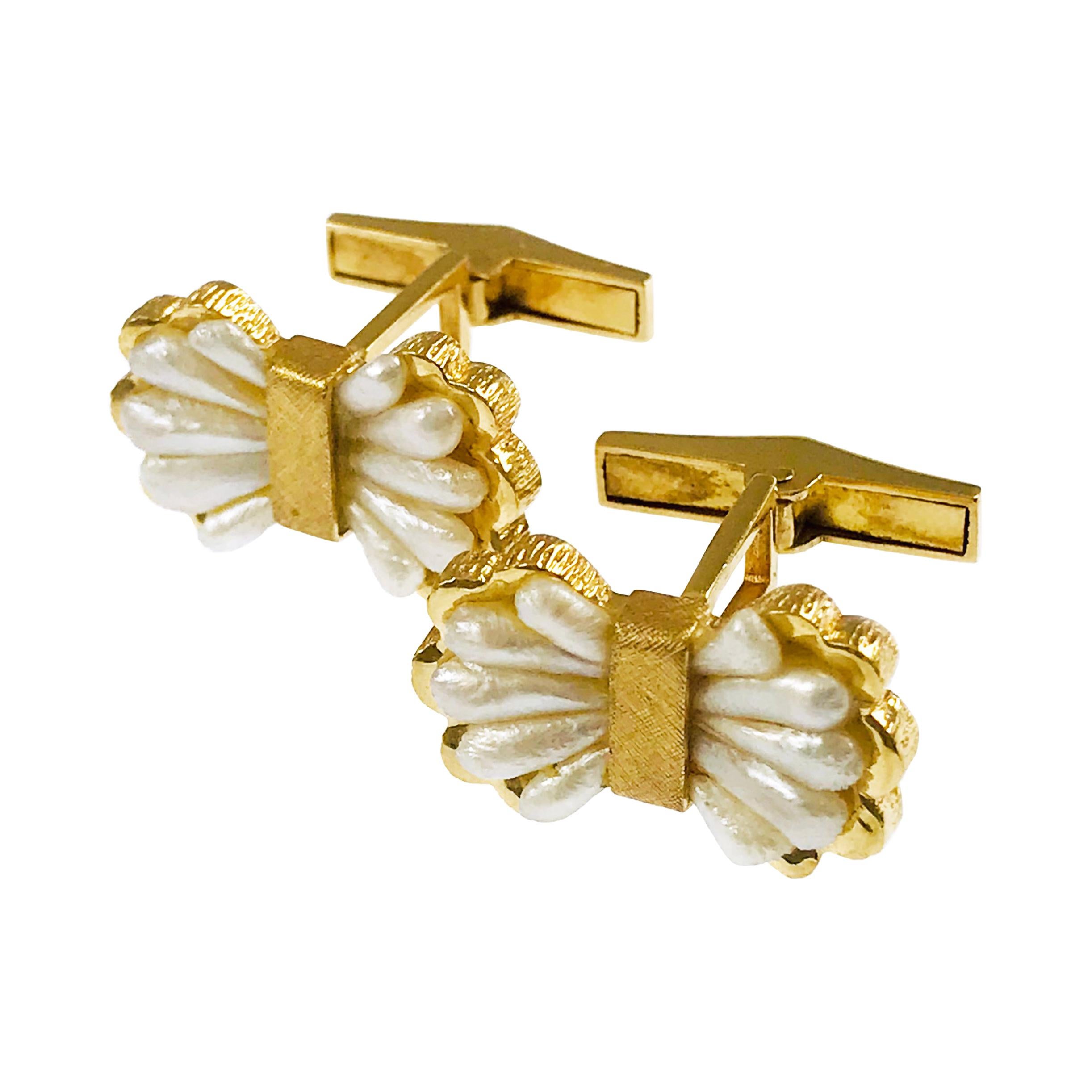 Bow-Shaped Pearl Gold Cufflinks