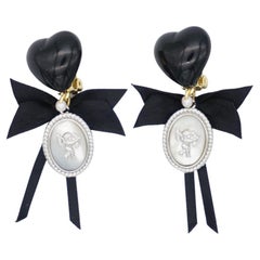 Bow Silver Cupid Angel Black Heart Love Moonstone Bow Retro Drop Clip Earrings