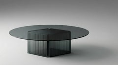 BOW Smoked Oval Glass Dining Table with Fused Glass Base, Made in Italy.