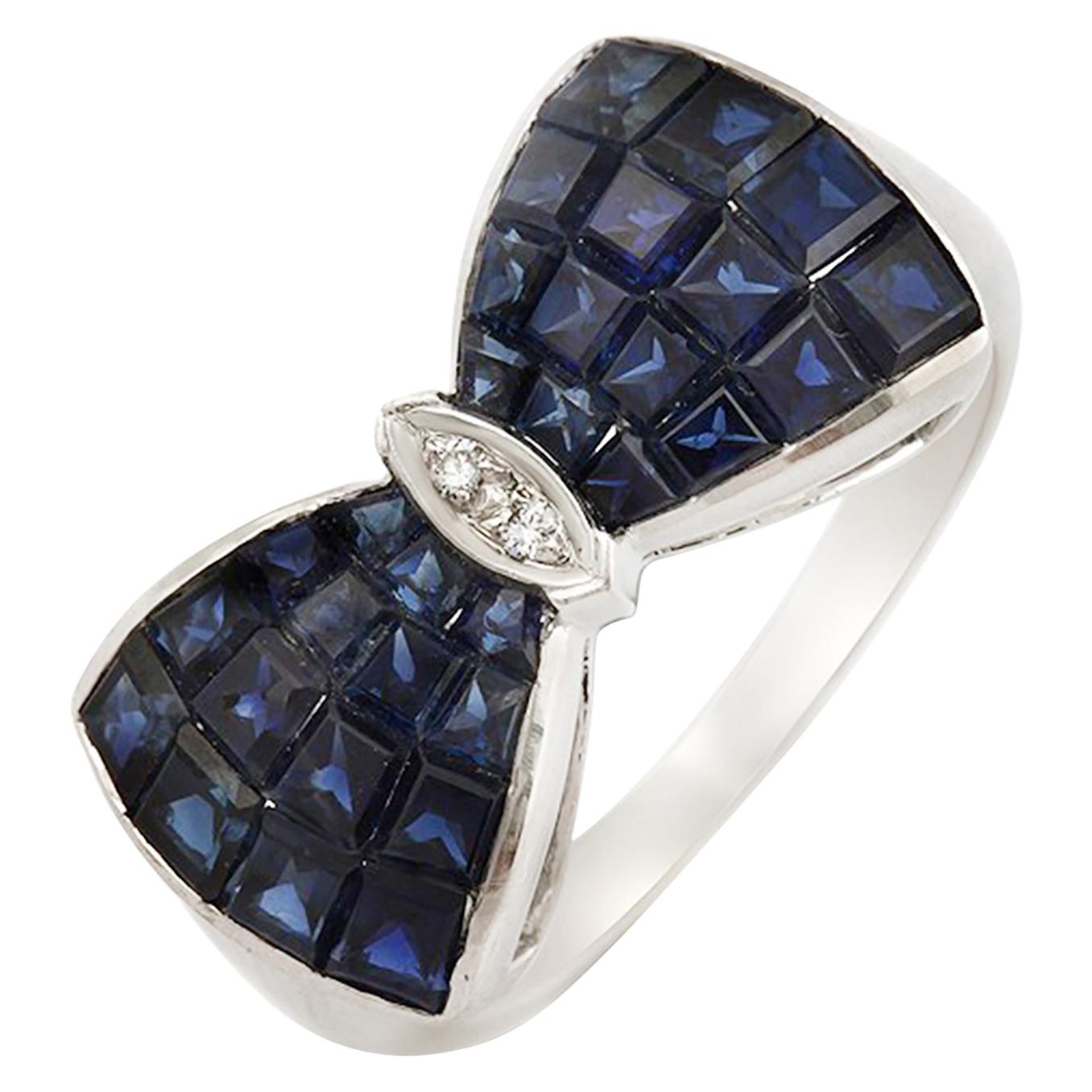 Bow Tie 5.20 Carat Sapphires and Diamonds in 18 Karat White Gold Band Ring For Sale