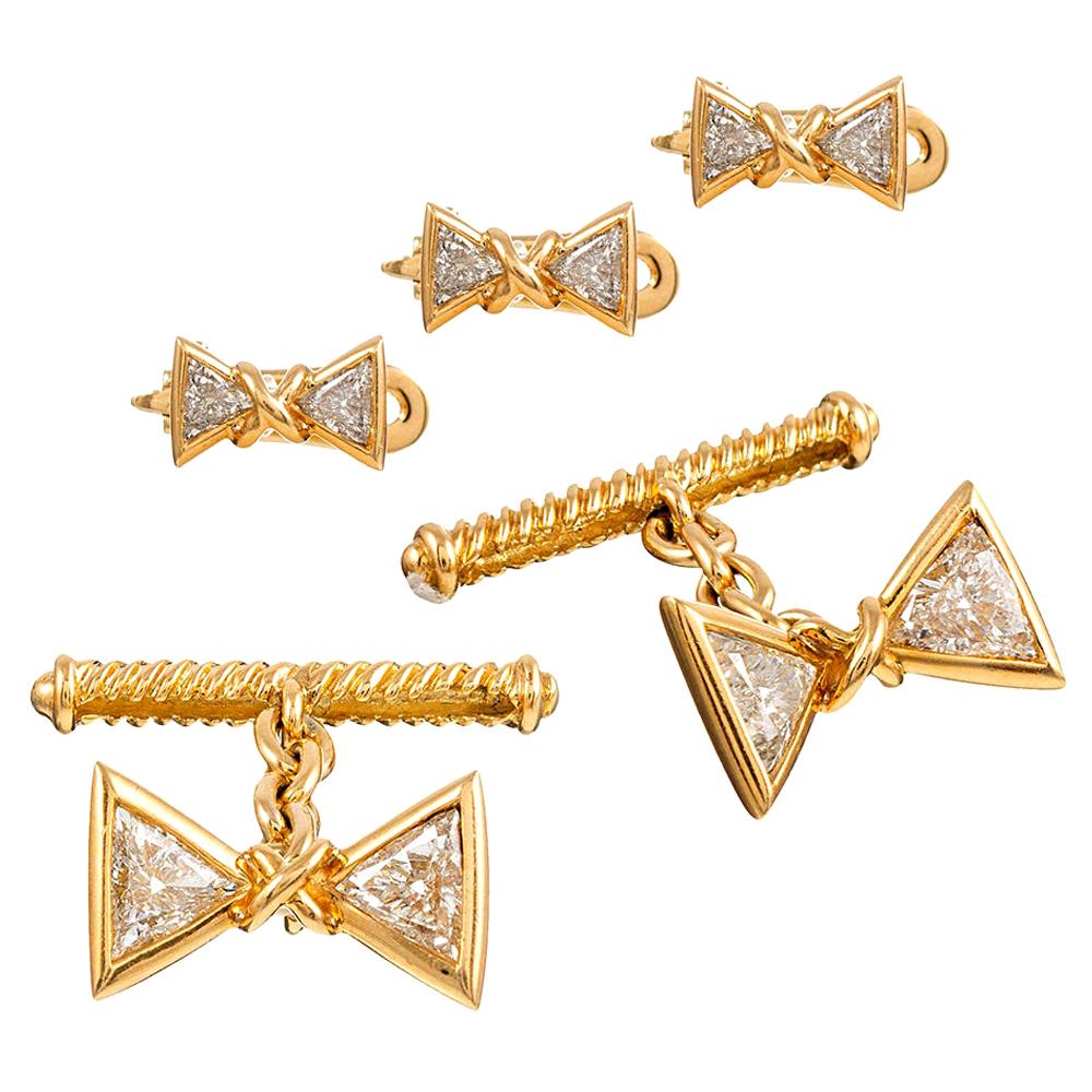 “Bow Tie” Motif Cufflink and Stud Set with Trillion Diamonds