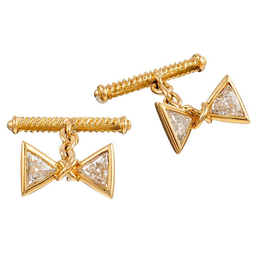 Trillion Cut “Bow Tie” Motif Cufflink and Stud Set with Trillion Diamonds