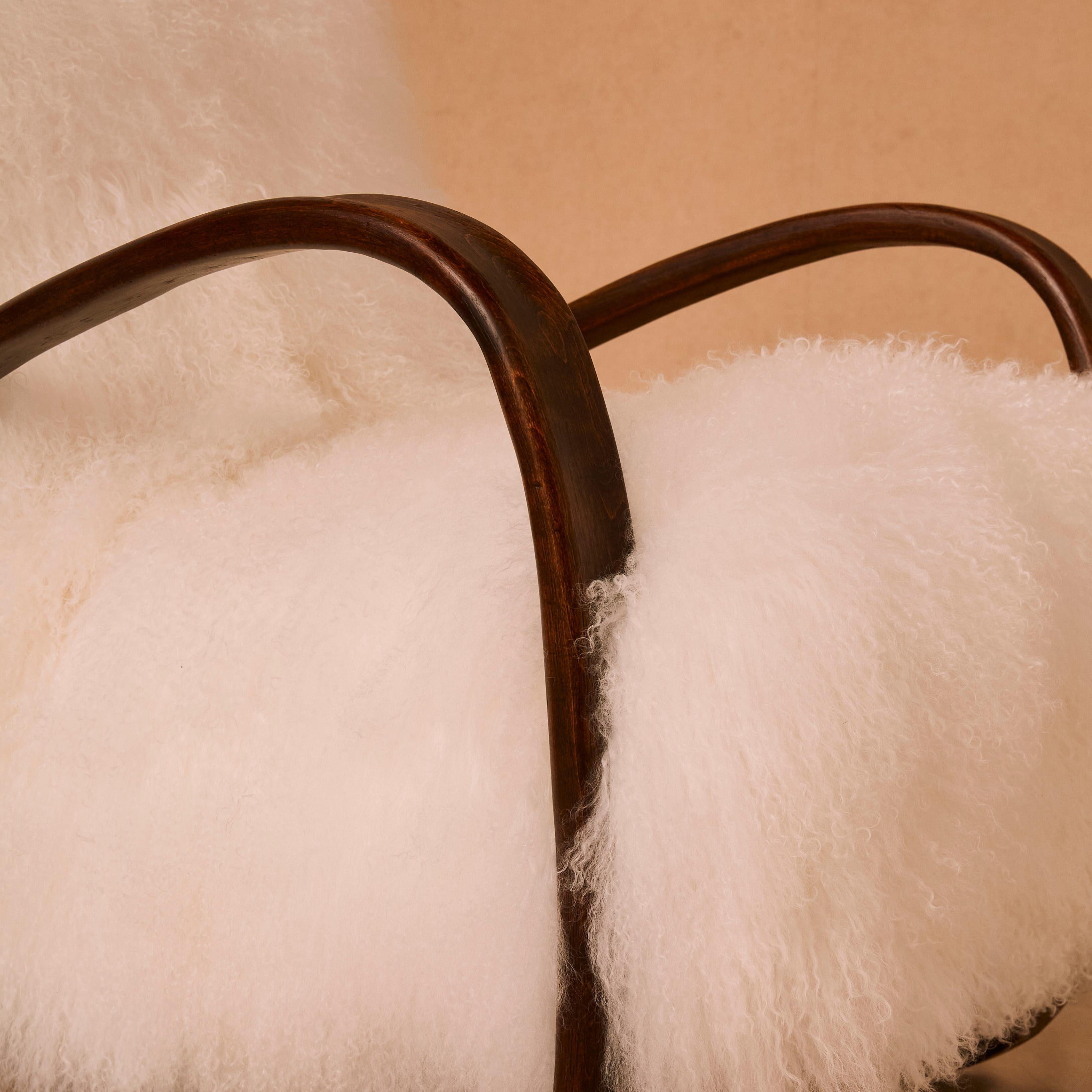 Bow Wood Chair with Sheepskin by Jindřich Halabala For Sale 1