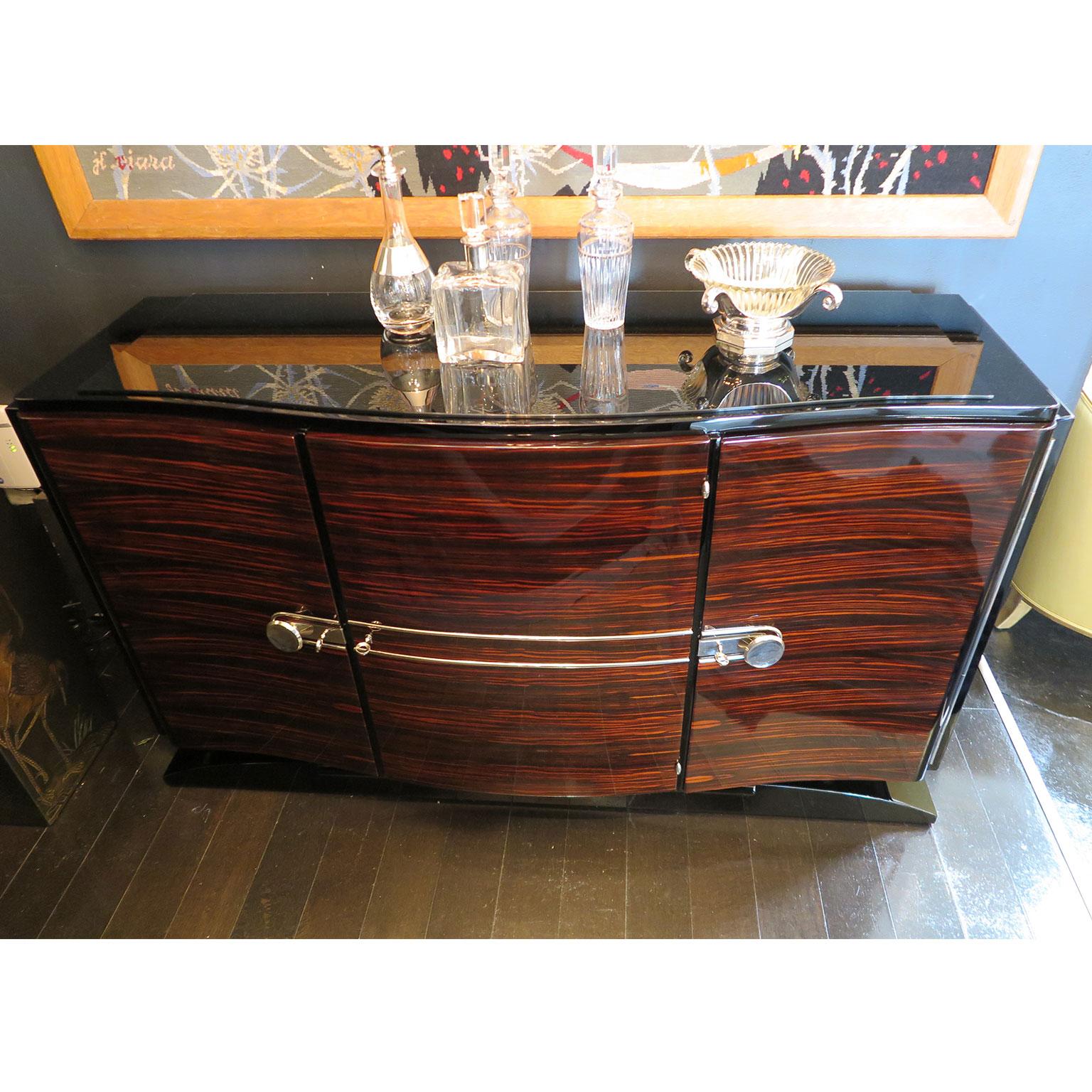 French Bowed Art Deco Sideboard in Macassar with Original Nickel Hardware