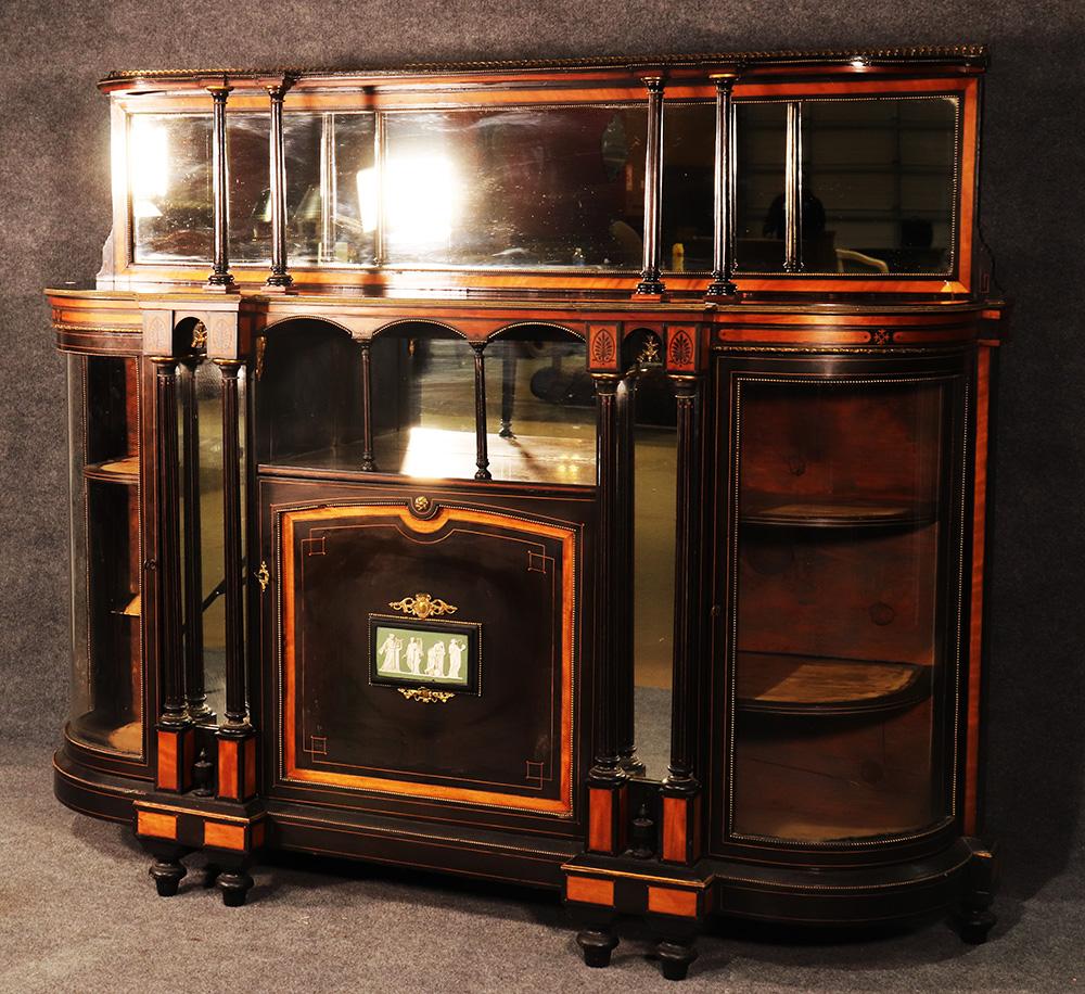Bowed Glass English Rosewood Wedgewood Mirrored Ebonized Sideboard Buffet C1870s In Good Condition In Swedesboro, NJ