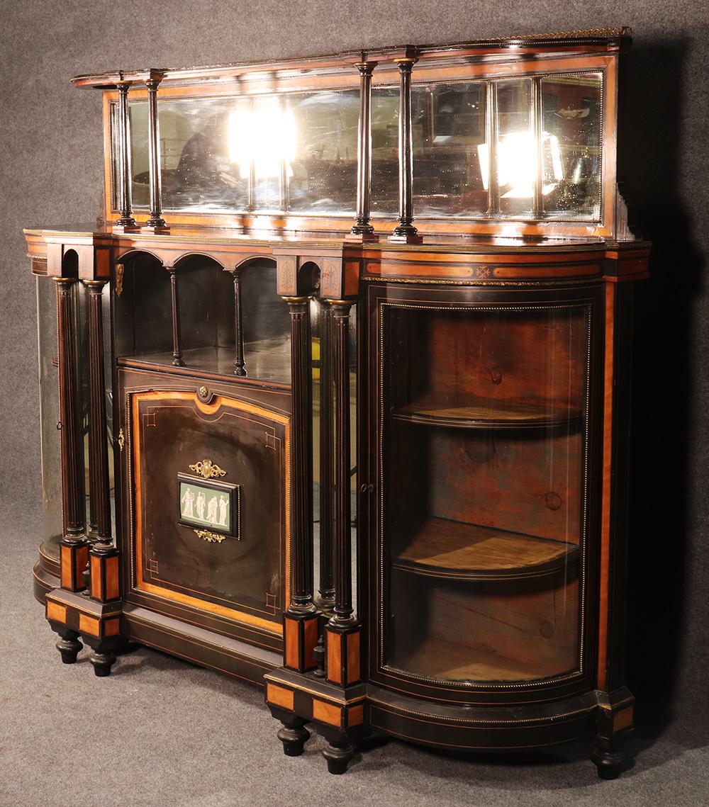 Late 19th Century Bowed Glass English Rosewood Wedgewood Mirrored Ebonized Sideboard Buffet C1870s