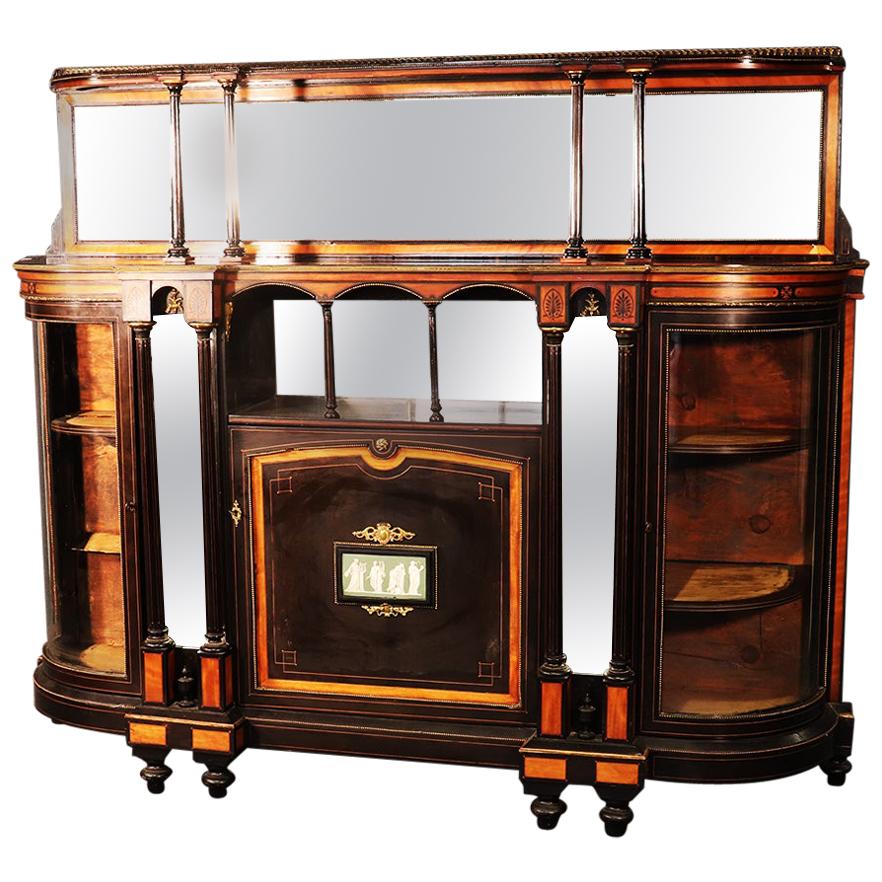 Bowed Glass English Rosewood Wedgewood Mirrored Ebonized Sideboard Buffet C1870s