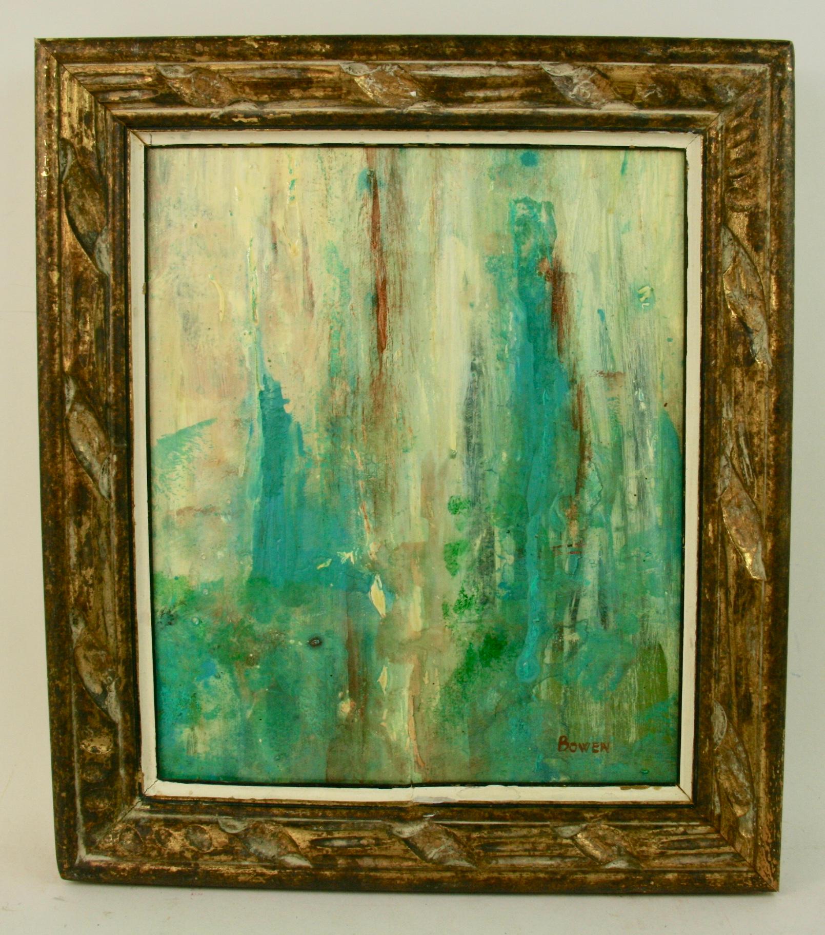 4088  Turquoise Abstract painting.
 1970's acrylic on canvas applied to a board, signed by Bowen ,displayed in a gilt-wood frame.