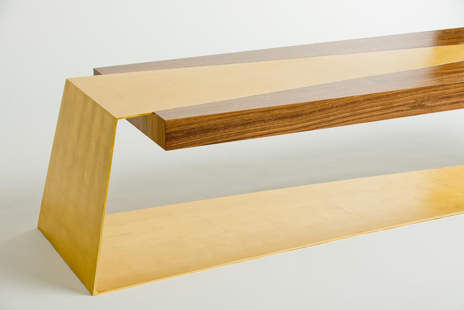 American Bowery Bench or Coffee Table, Walnut and Gold Leaf, by Dean and Dahl For Sale