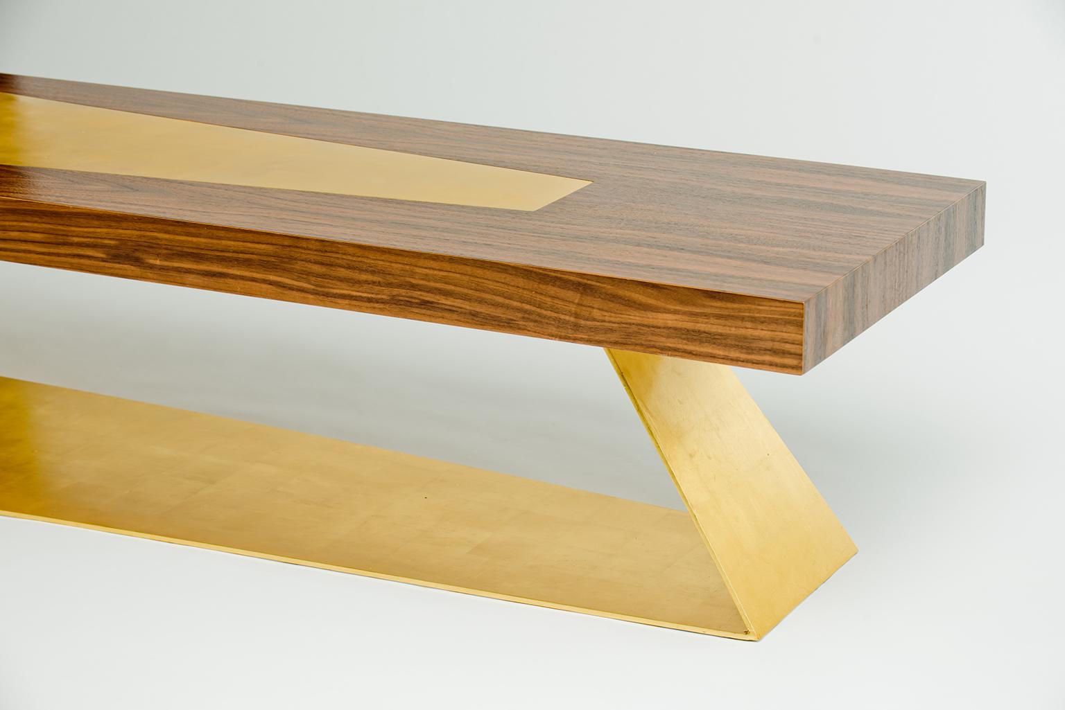 Gilt Bowery Bench or Coffee Table, Walnut and Gold Leaf, by Dean and Dahl