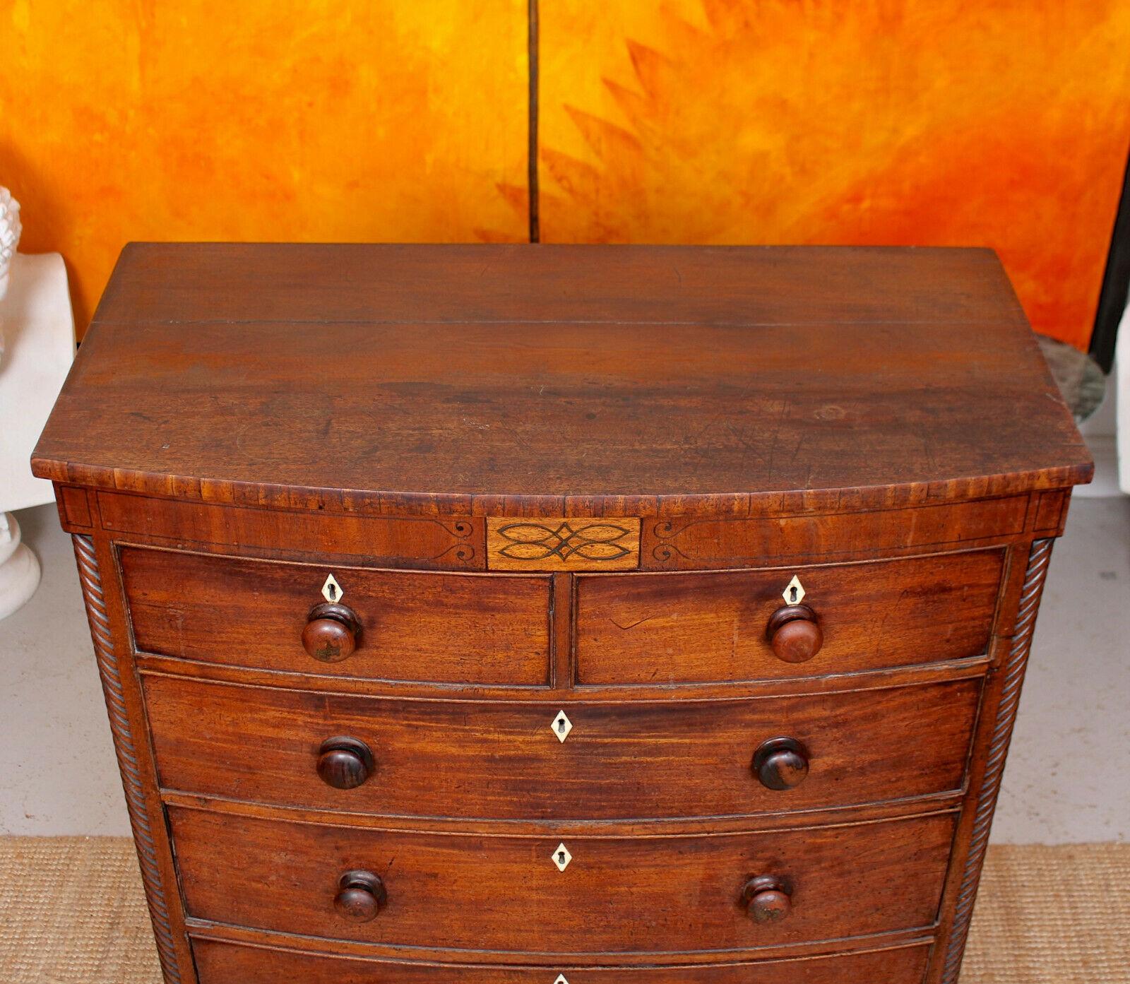 Bowfront Chest of Drawers Carved Inlaid Mahogany, 19th Century For Sale 6
