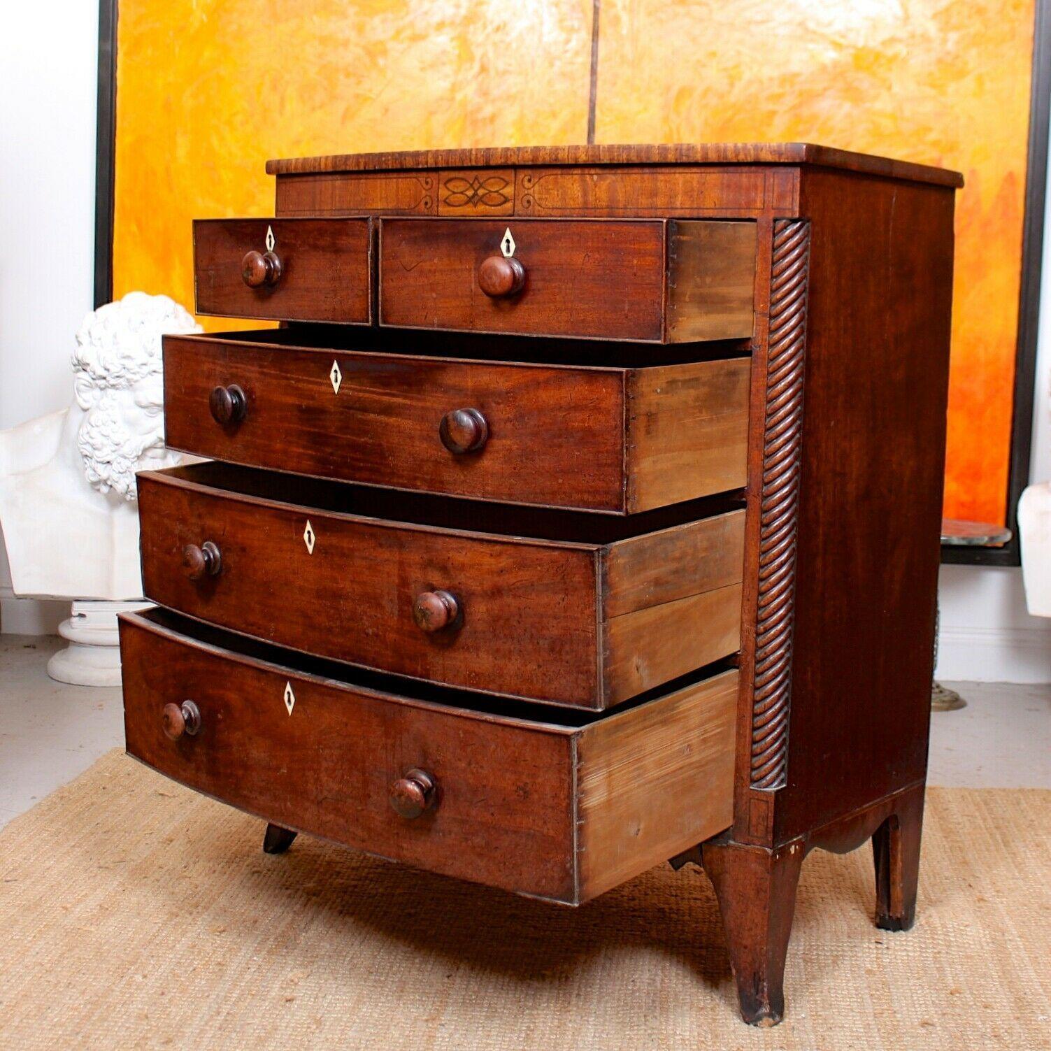 Bowfront Chest of Drawers Carved Inlaid Mahogany, 19th Century For Sale 2